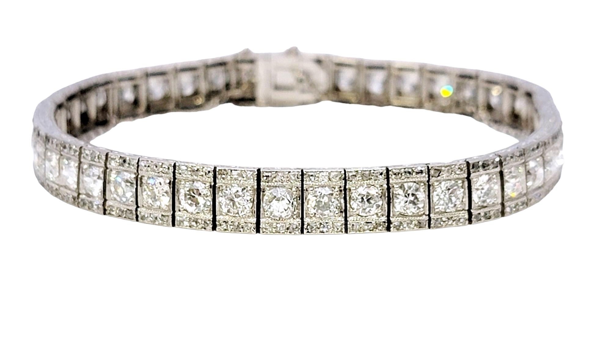 Length: 7 Inches

Shown here is an absolutely breathtaking diamond bracelet from the glamorous era of Art Deco. Opulent and meticulously crafted, this captivating piece will adorn the wrist with unmatched elegance. With its dazzling diamonds,