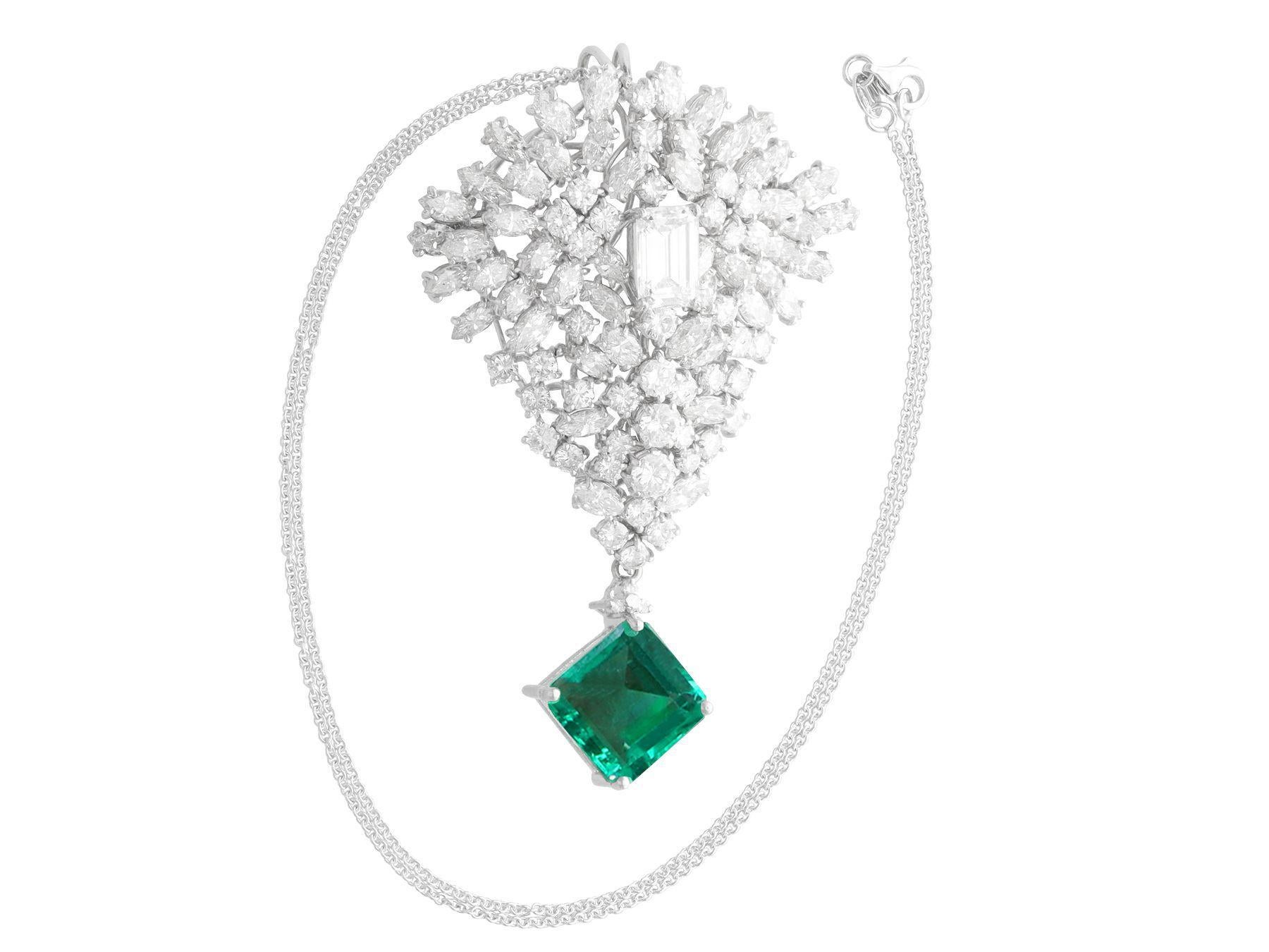 A magnificent, fine and impressive vintage 7.47 carat Zambian emerald and 14.50 carat diamond, 18 karat white gold brooch; part of our diverse emerald jewellery collections.

This magnificent vintage brooch has been crafted in 18k white gold.

The