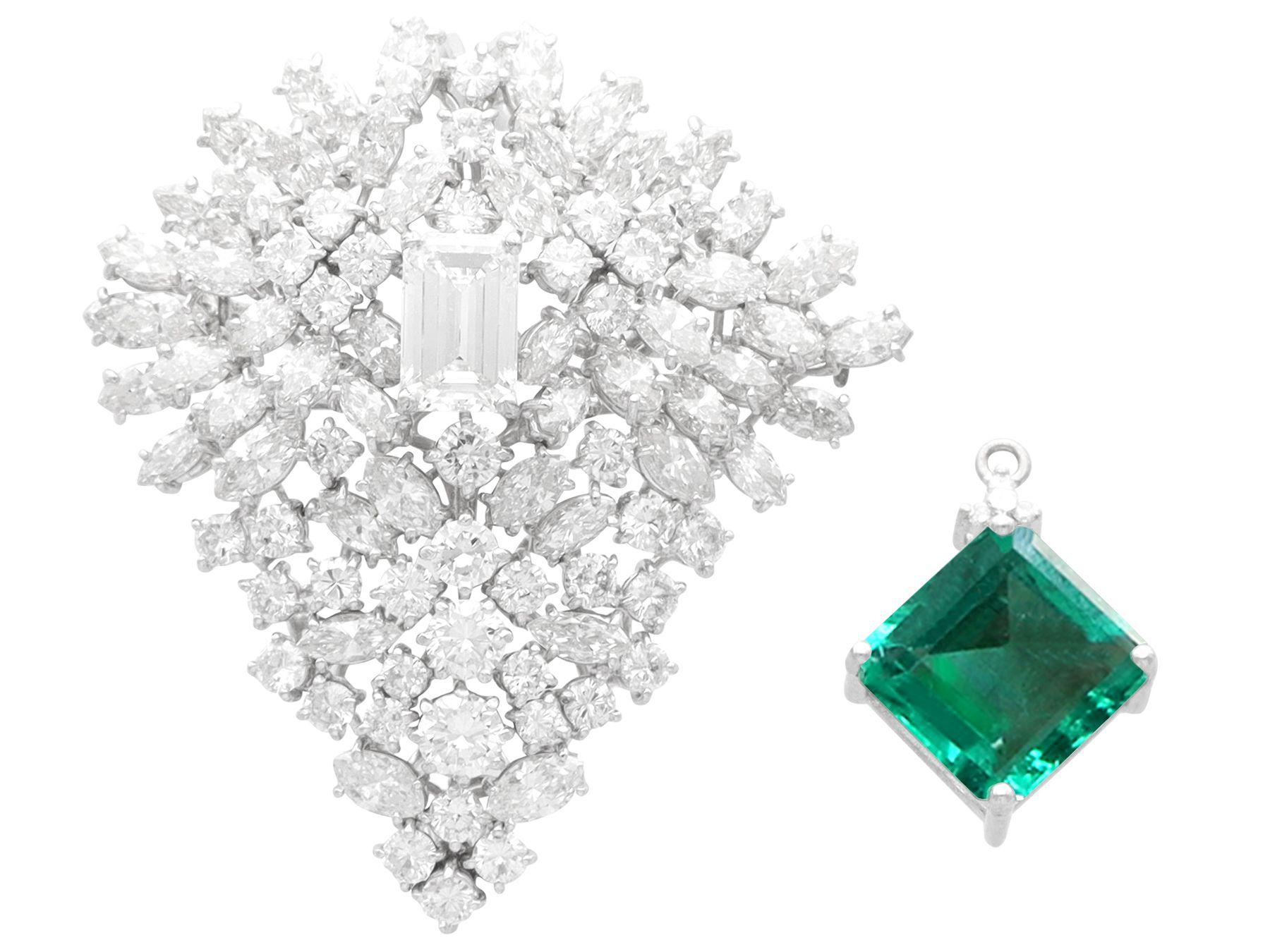 Round Cut 7.47 Carat Zambian Emerald and 14.50 Carat Diamond White Gold Brooch / Pendant For Sale