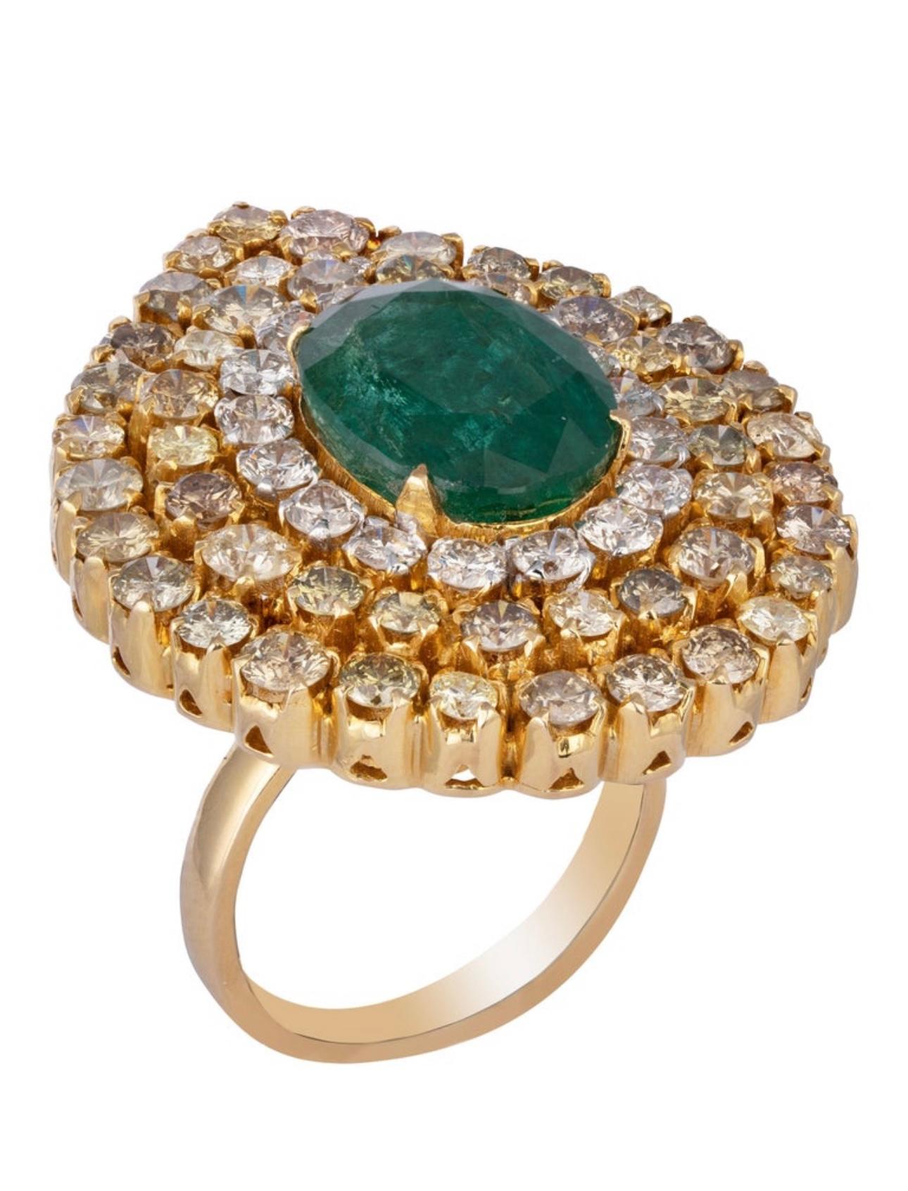 7.47 Natural Zambian Emerald & 5.64 Cts Diamond 18 Karat Yellow Gold Ring Size 6 For Sale 7