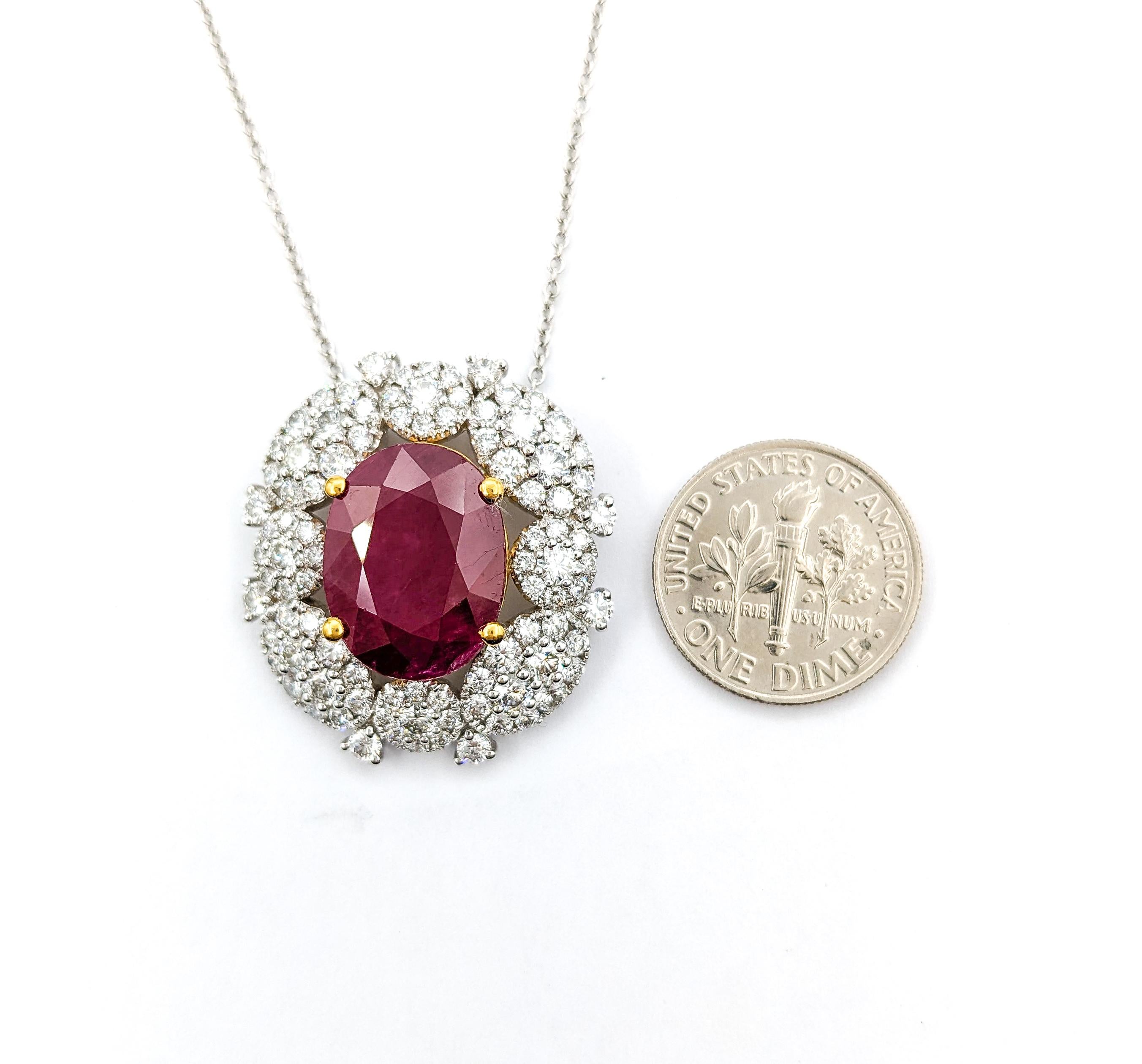 7.47ct Heat-only Ruby & 2.83ctw Diamonds Pendant In Two-Tone Gold For Sale 4