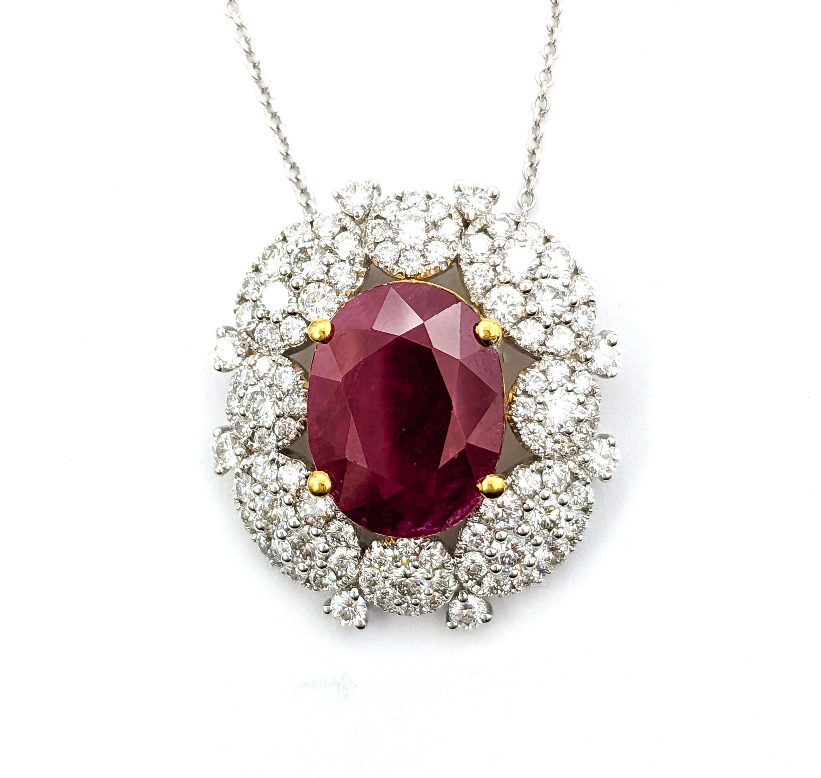 7.47ct Heat-only Ruby & 2.83ctw Diamonds Pendant In Two-Tone Gold For Sale 5