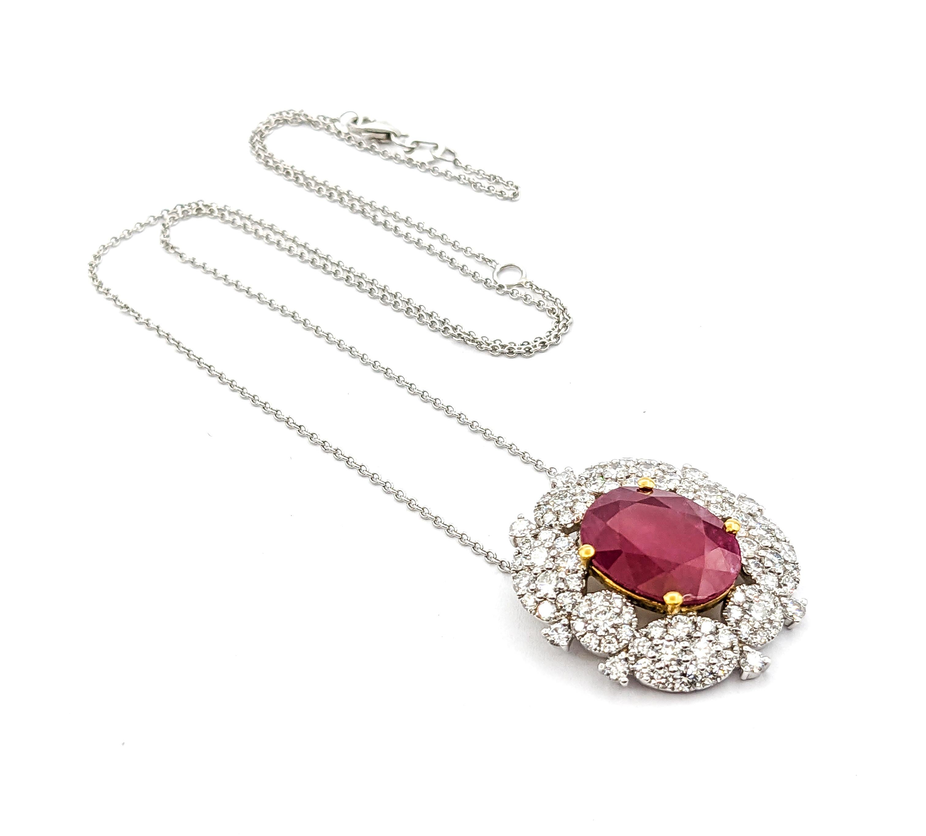 Round Cut 7.47ct Heat-only Ruby & 2.83ctw Diamonds Pendant In Two-Tone Gold For Sale