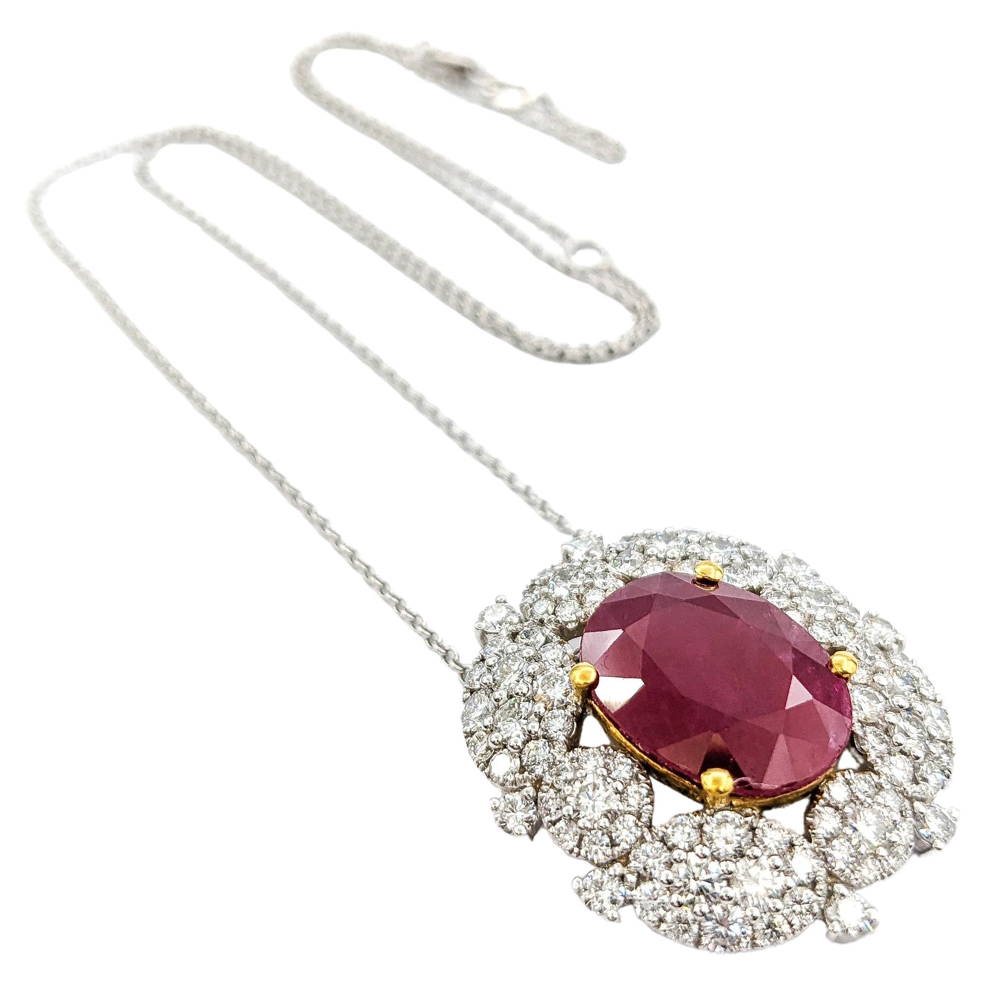 7.47ct Heat-only Ruby & 2.83ctw Diamonds Pendant In Two-Tone Gold For Sale