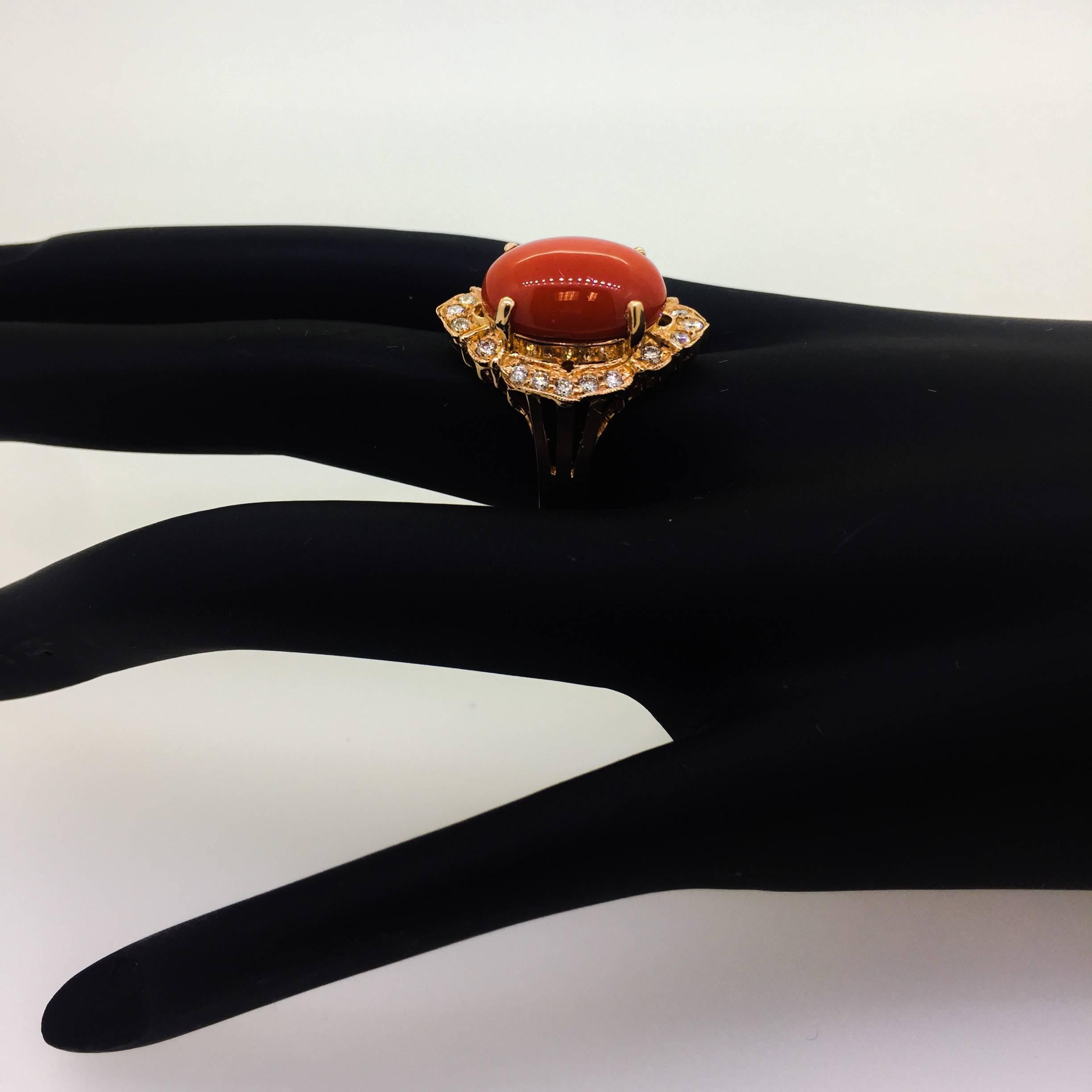 Oval Cut 7.48 Carat Coral Diamond 14 Karat Rose Gold Cocktail Ring