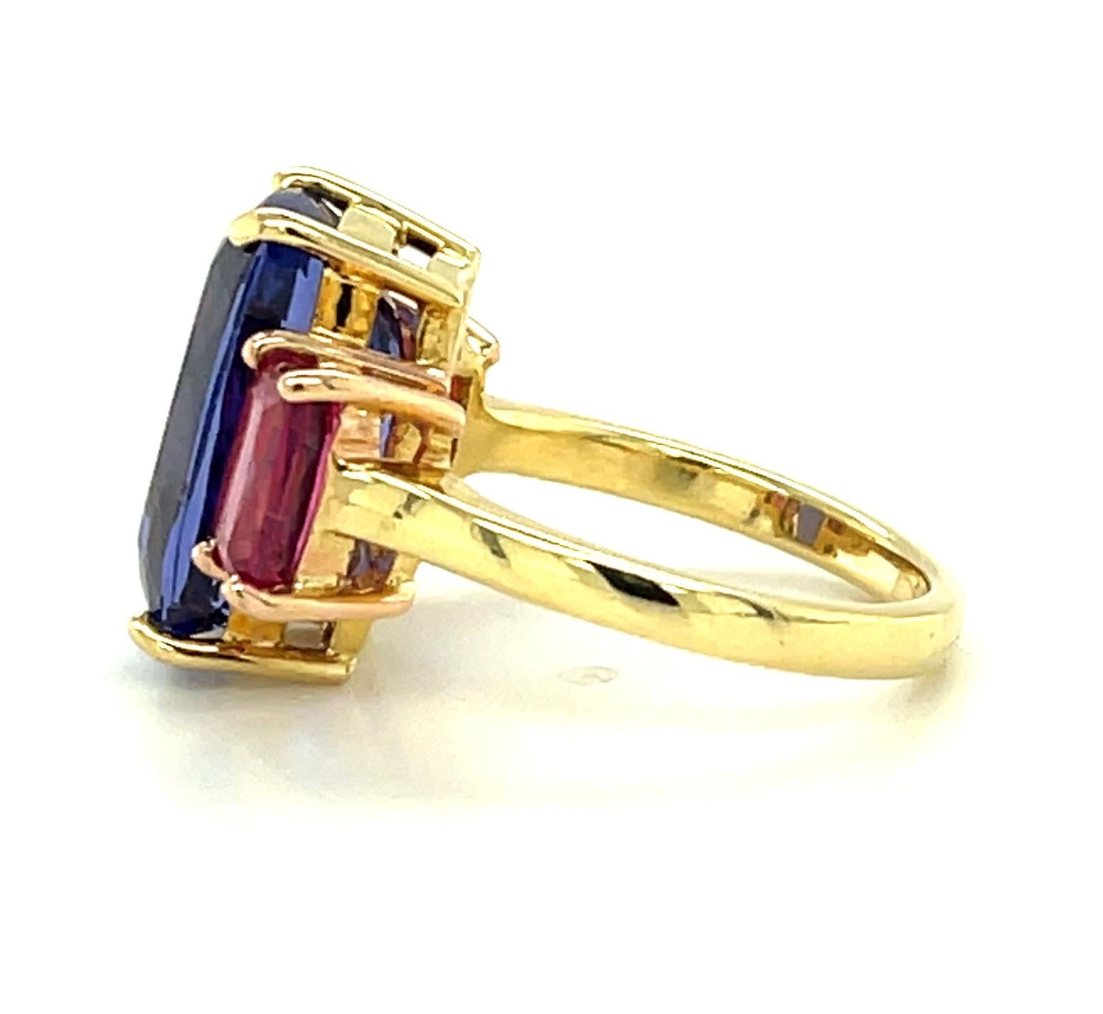Artisan 7.48 Carat Tanzanite and Pink Tourmaline 3-Stone Ring in Rose and Yellow Gold For Sale