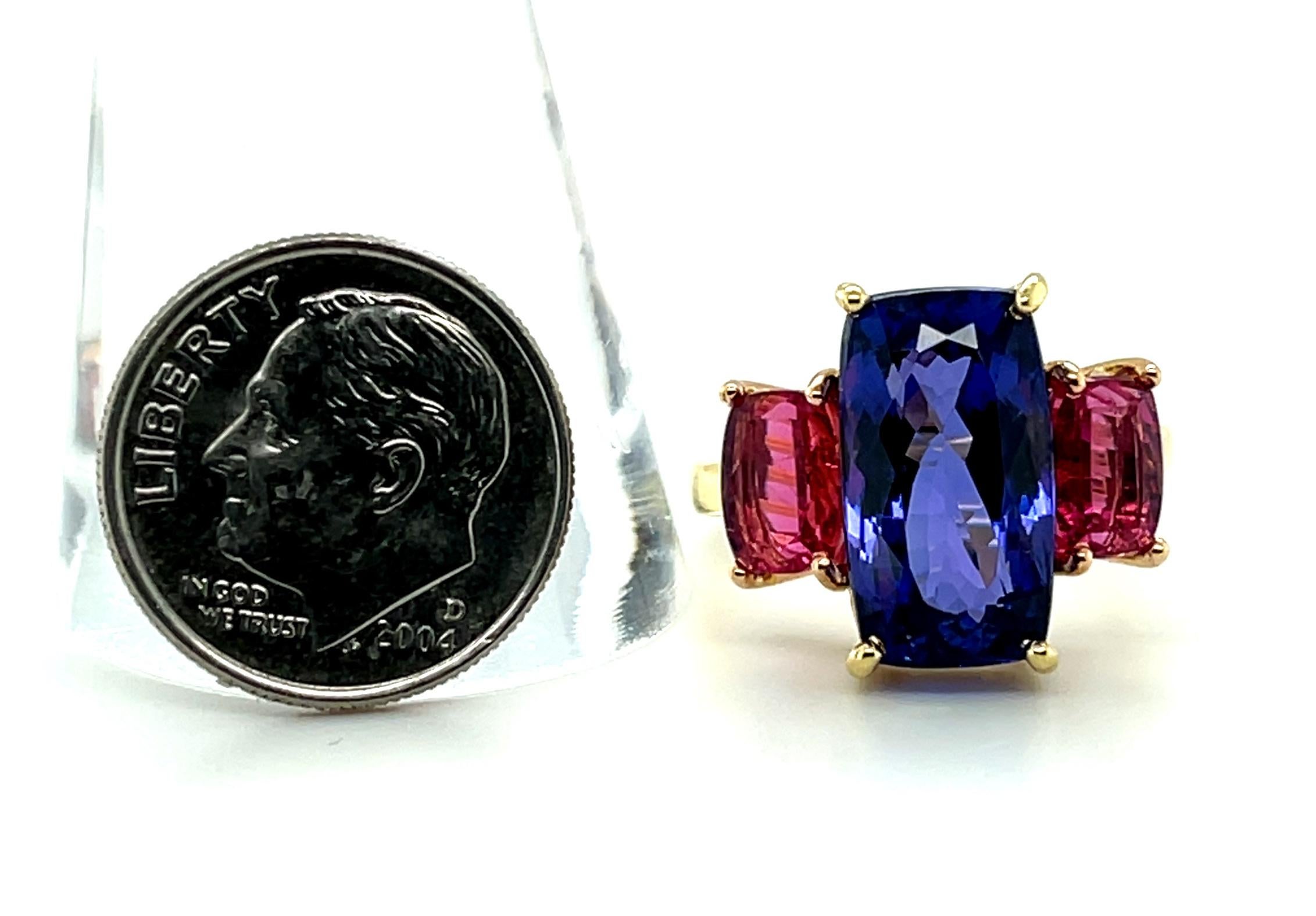Cushion Cut 7.48 Carat Tanzanite and Pink Tourmaline 3-Stone Ring in Rose and Yellow Gold For Sale