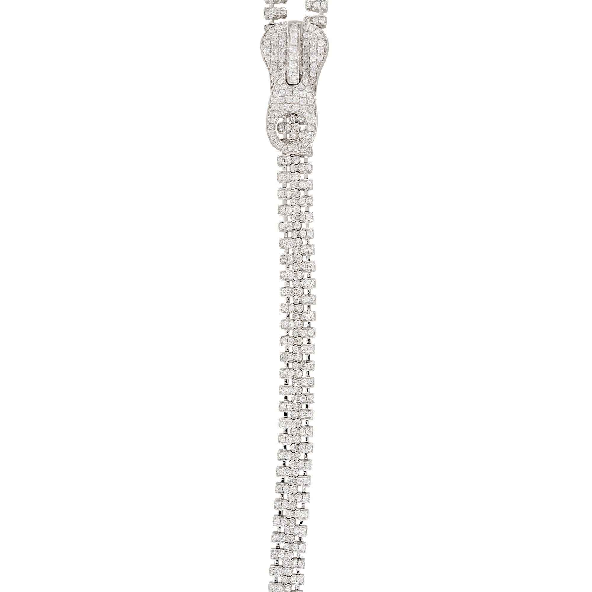 18k White Gold 7.48ctw Diamond Extra Long Functional Zipper Necklace

Product: Functional Diamond Zipper Necklace
Material: 18 Karat White Gold
Diamond Details: There are approximately 7.48 carats of Pave set, Round Brilliant cut diamonds. There are