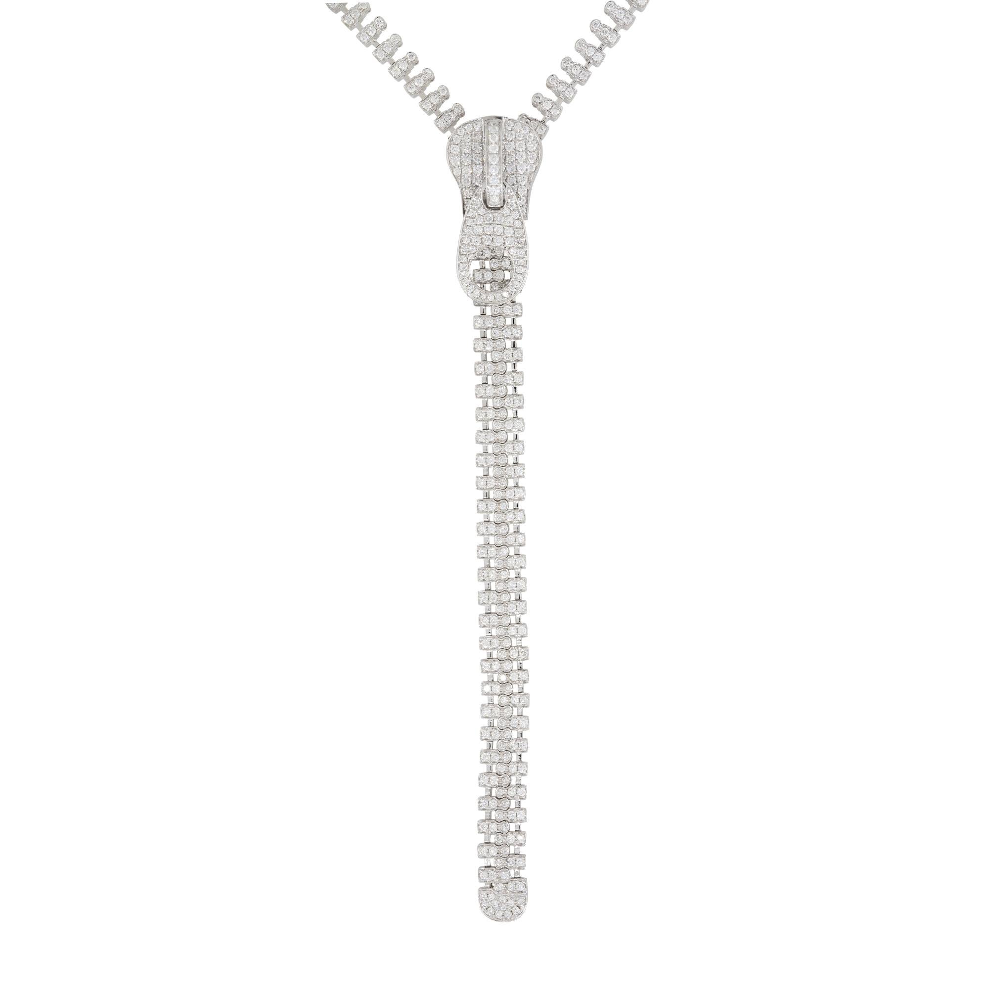 Modern 7.48 Carat Diamond Extra Long Functional Zipper Necklace 18 Karat In Stock For Sale