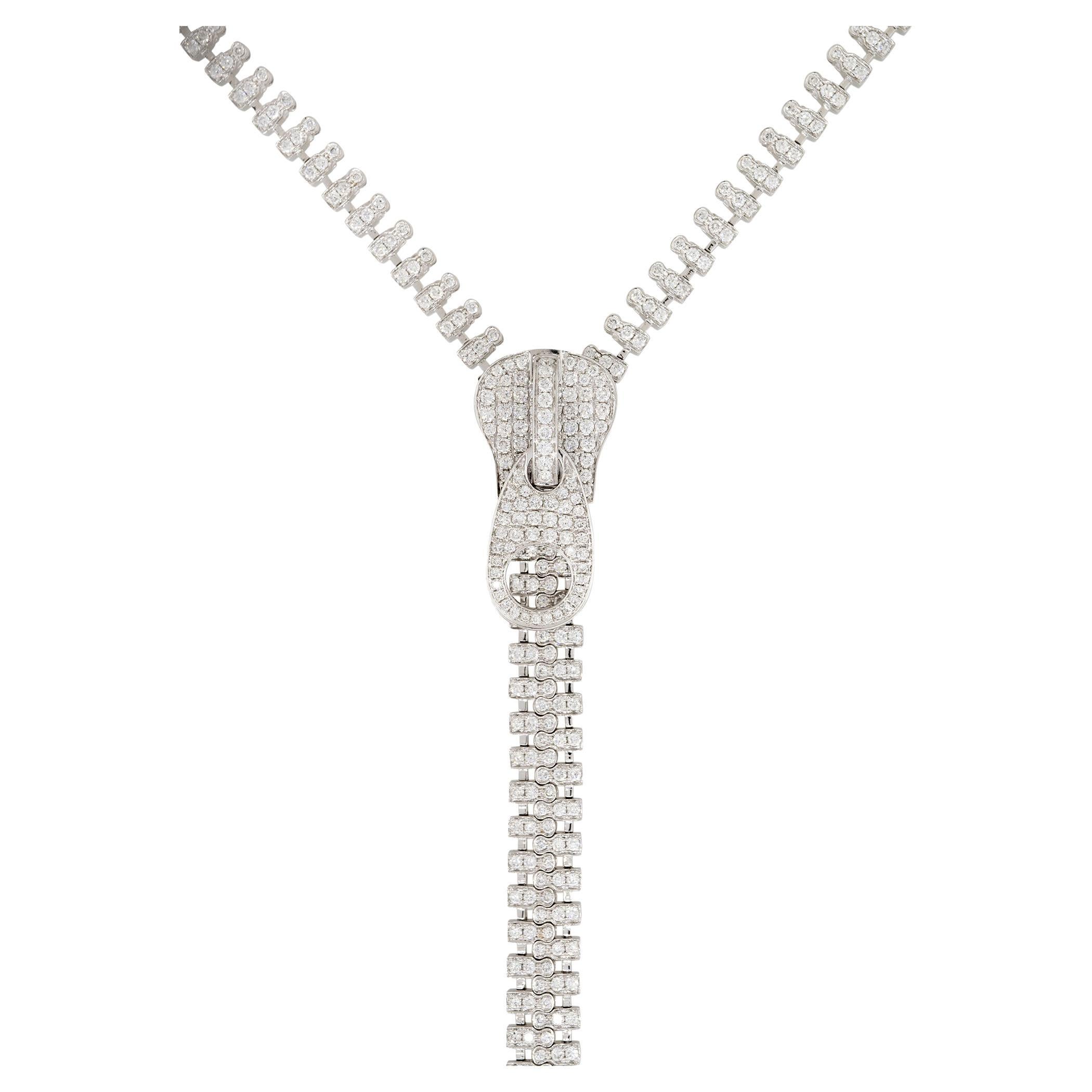 7.48 Carat Diamond Extra Long Functional Zipper Necklace 18 Karat In Stock For Sale