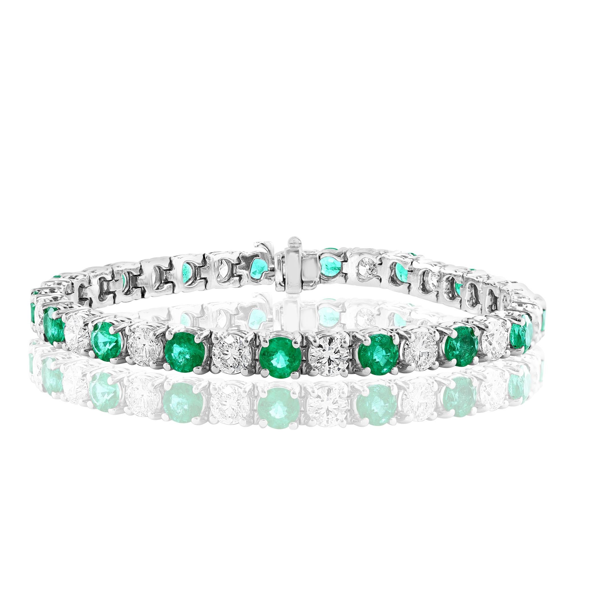 Brilliant Cut 7.48 Carat Emerald and Diamond Tennis Bracelet in 14K White Gold For Sale