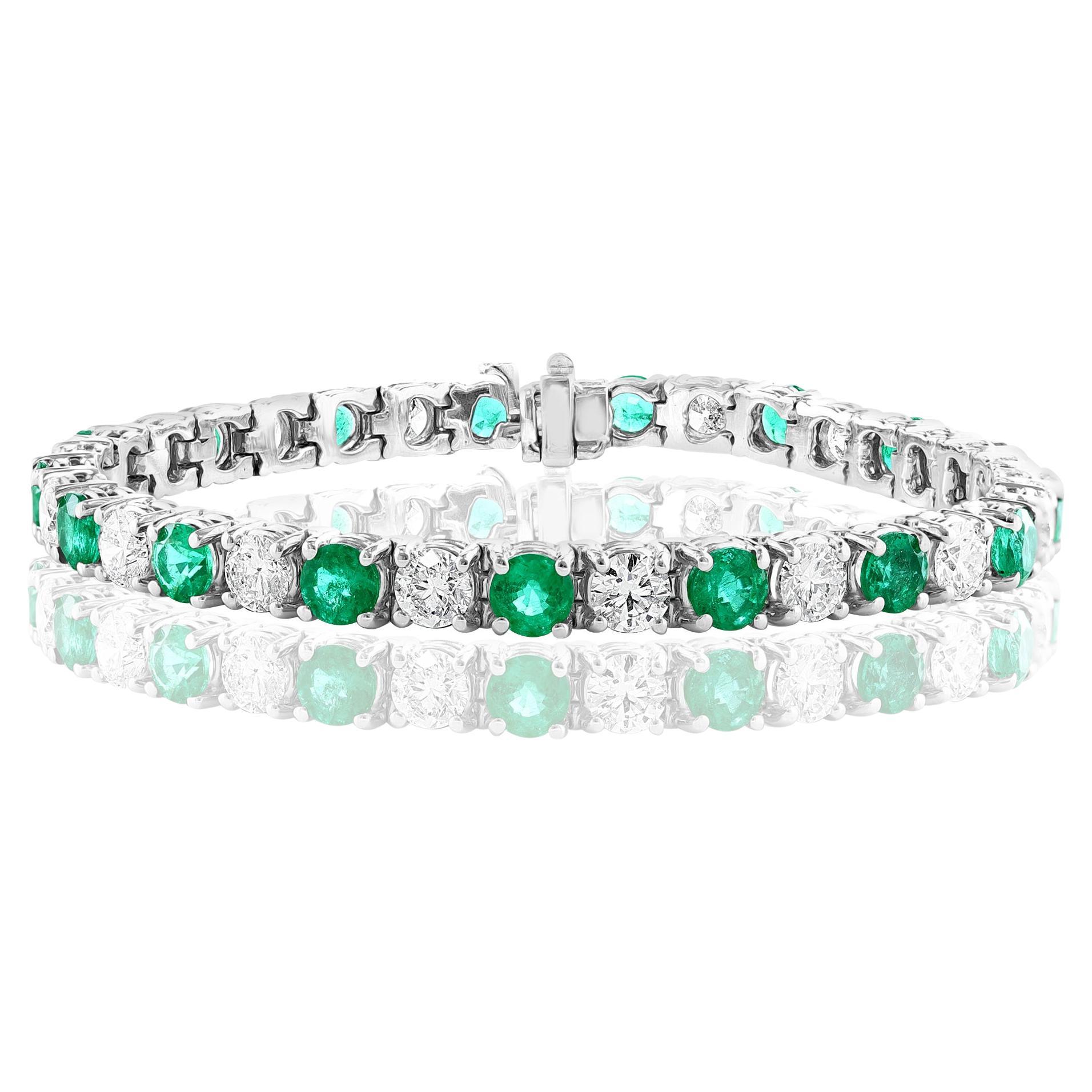 7.48 Carat Emerald and Diamond Tennis Bracelet in 14K White Gold For Sale