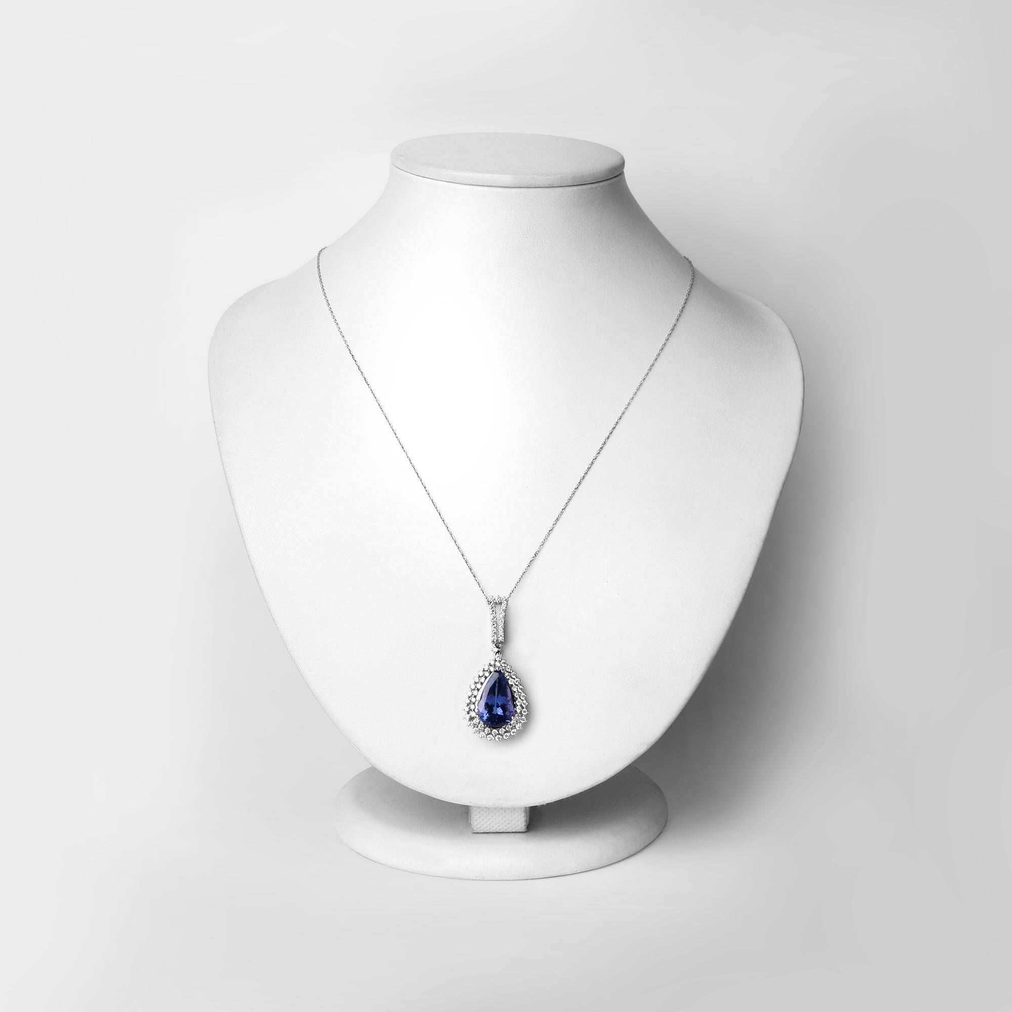 Pear Cut 7.48 Carat Genuine Tanzanite and White Diamond 14 Karat White Gold Pendant