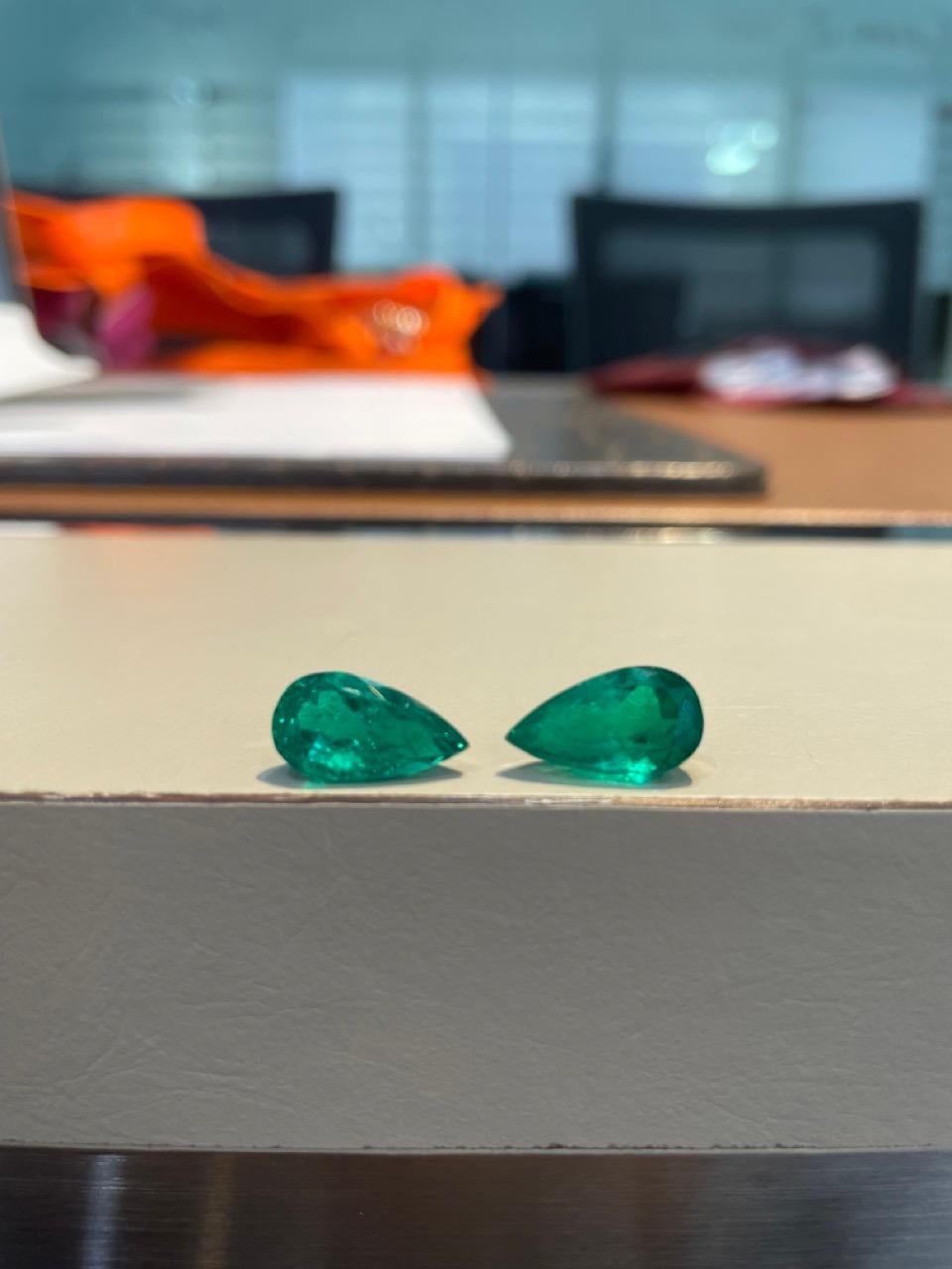 Pear Cut 7.48 Carat GRS Certified Pear Shape Colombian Emerald Pair For Sale