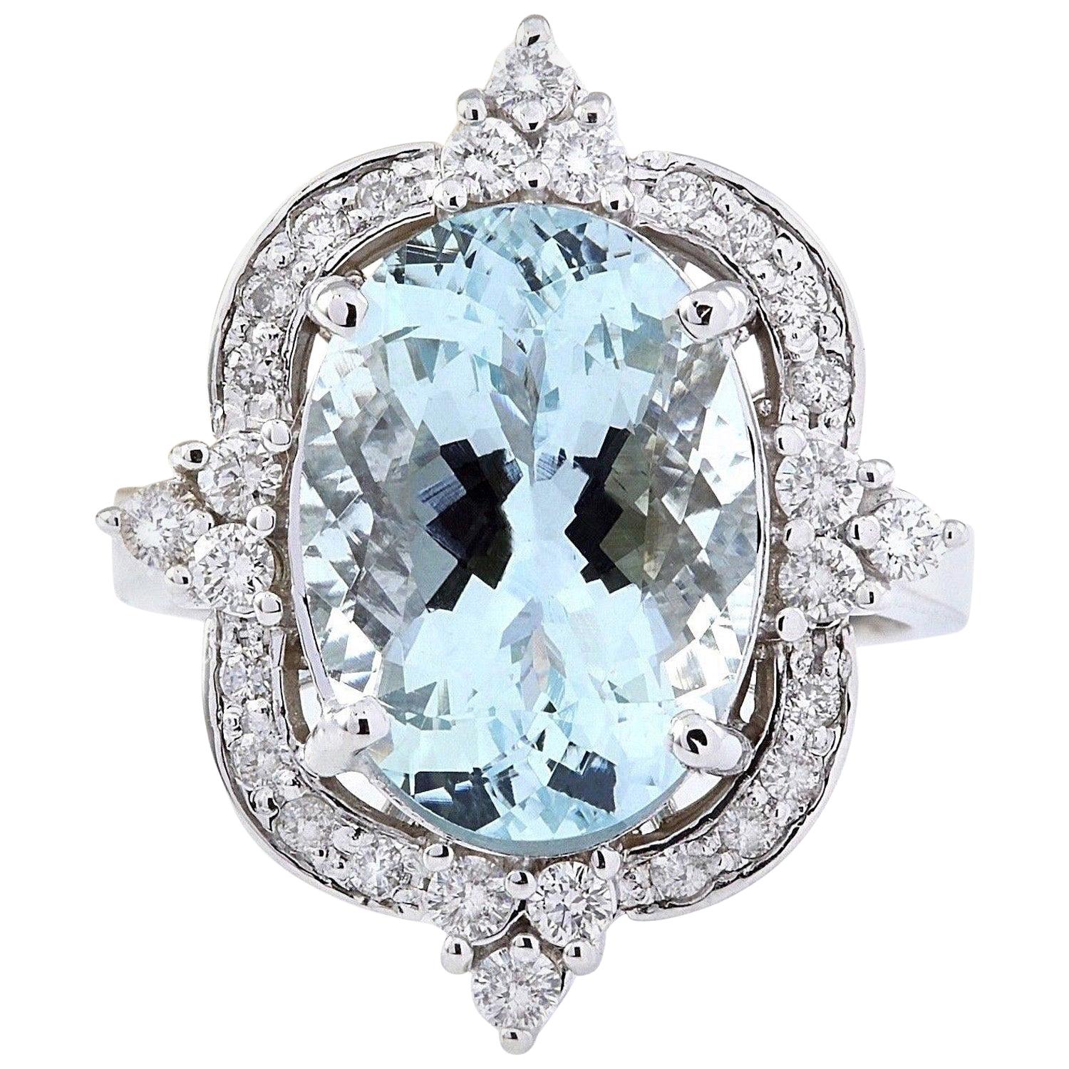 Aquamarine Diamond Ring In 14 Karat Solid White Gold For Sale