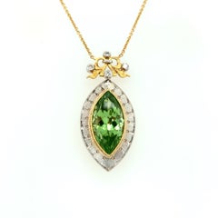 7.48 Carat Peridot Marquise and Diamond Halo Necklace in 18k Yellow Gold