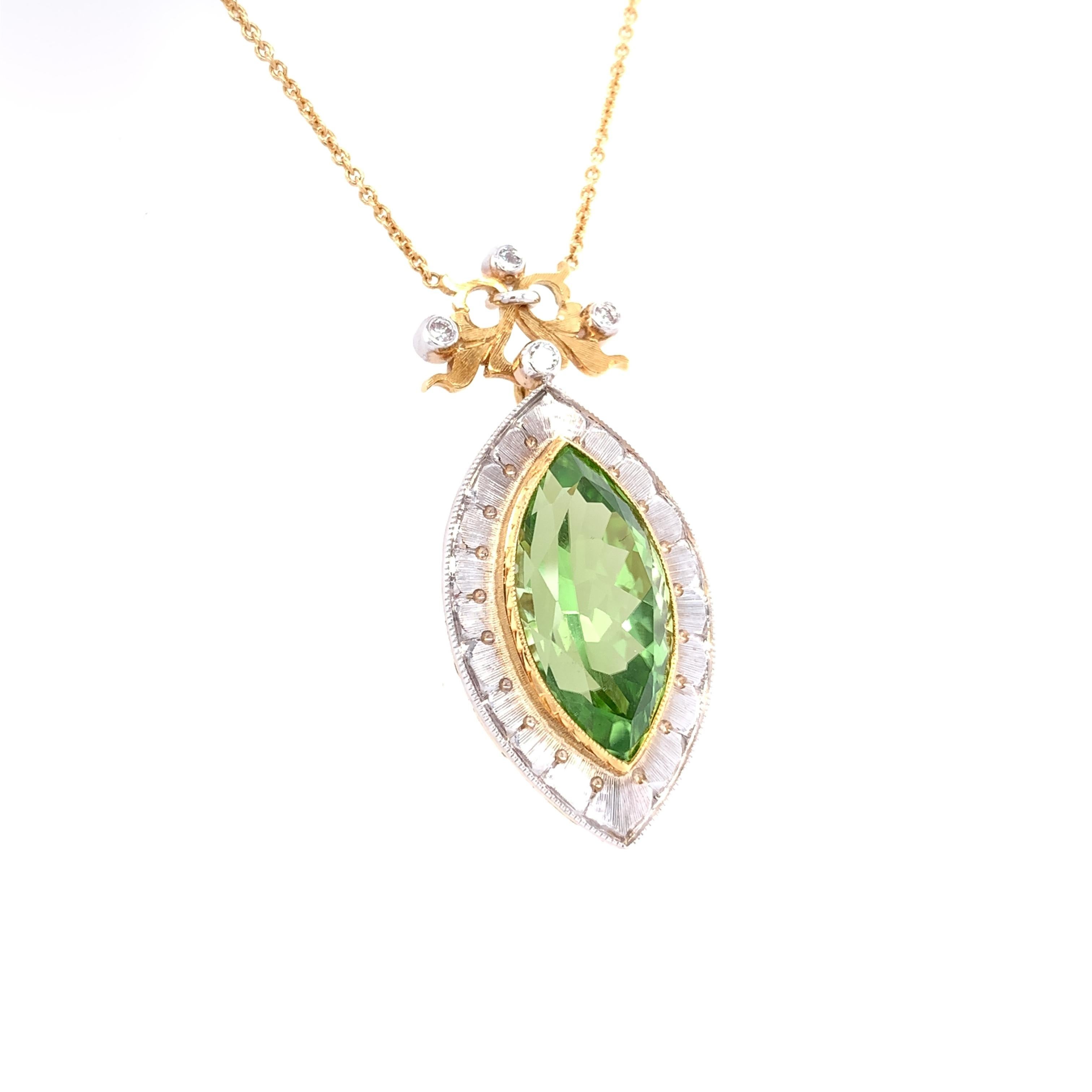 Artisan 7.48 Carat Peridot Marquise and Diamond Halo Necklace in 18k Yellow Gold  For Sale