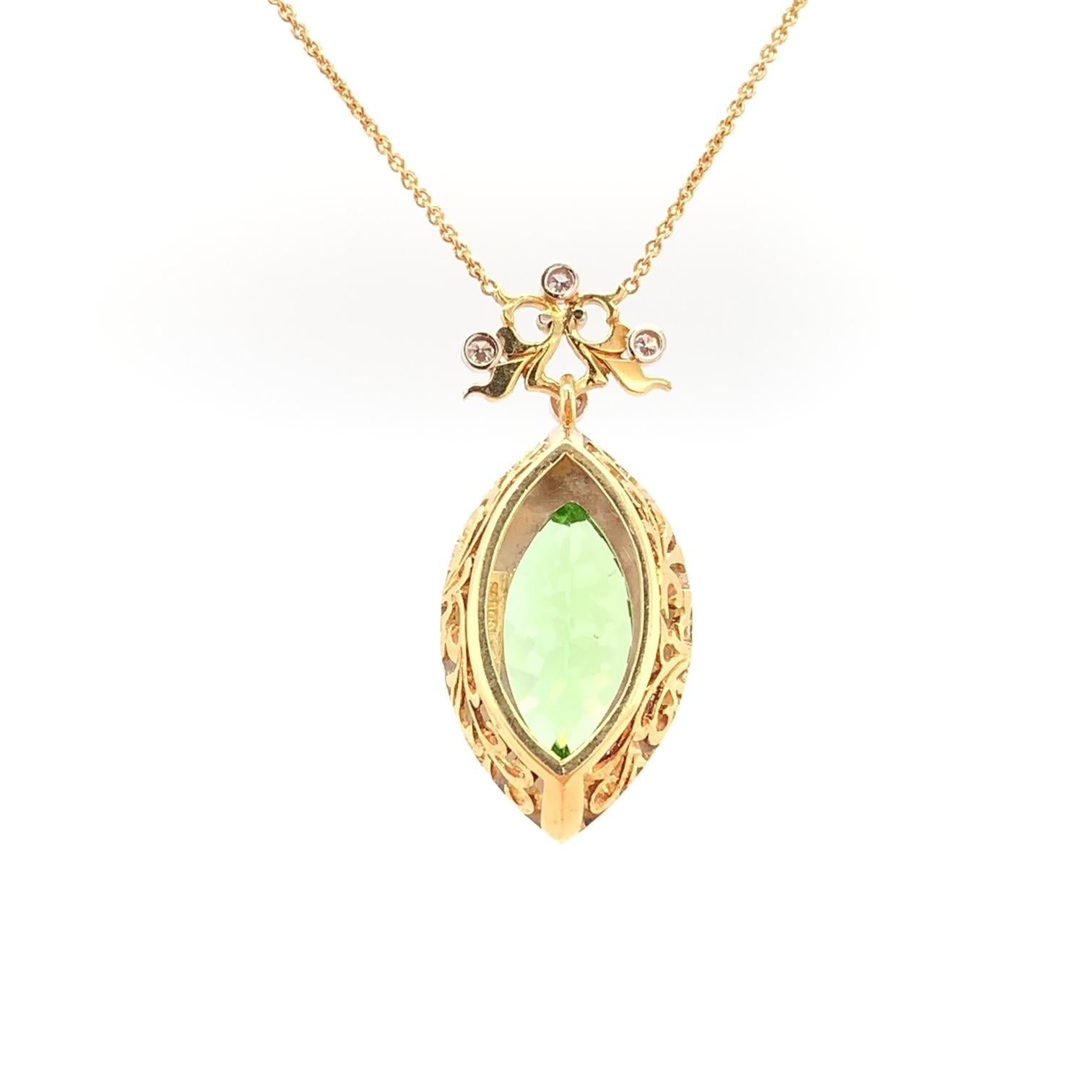 7.48 Carat Peridot Marquise and Diamond Halo Necklace in 18k Yellow Gold  For Sale 1