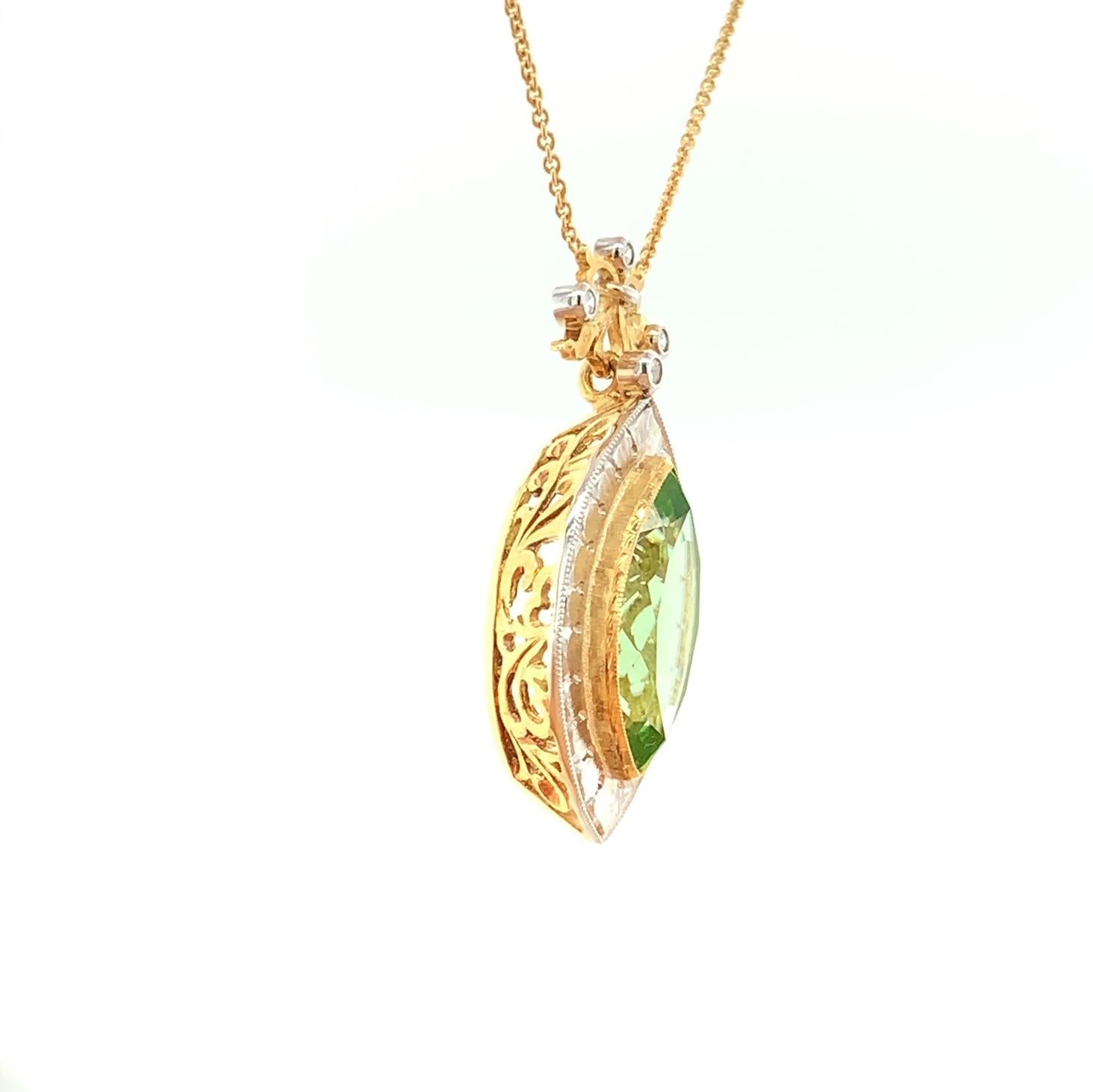 7.48 Carat Peridot Marquise and Diamond Halo Necklace in 18k Yellow Gold  For Sale 2