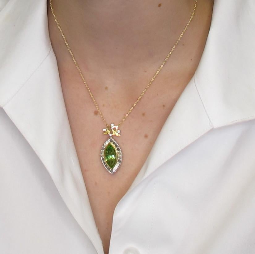 7.48 Carat Peridot Marquise and Diamond Halo Necklace in 18k Yellow Gold  For Sale 5