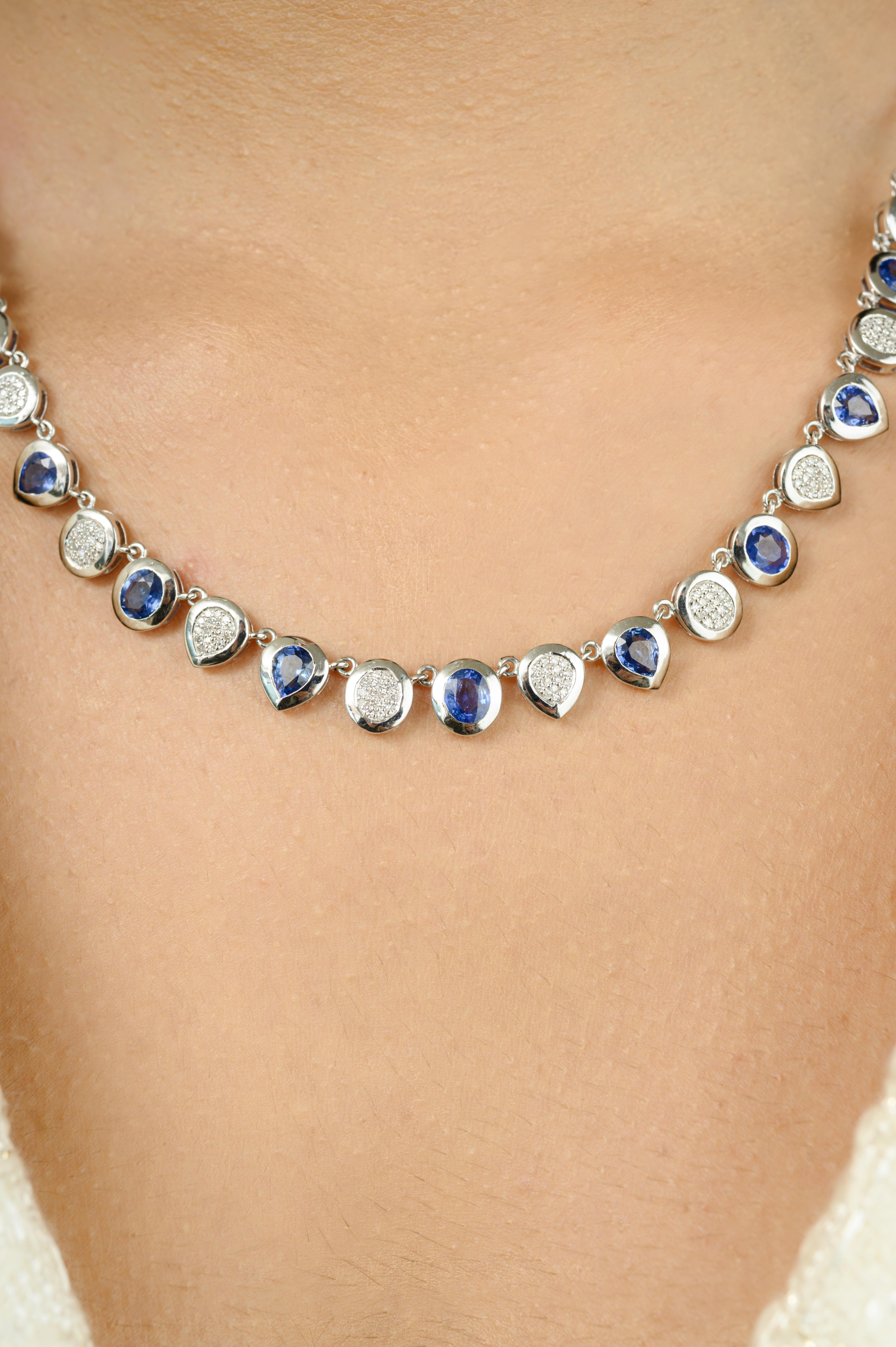 Mixed Cut 7.48 CT Natural Blue Sapphire Diamond Cluster Chain Necklace in 14k White Gold For Sale