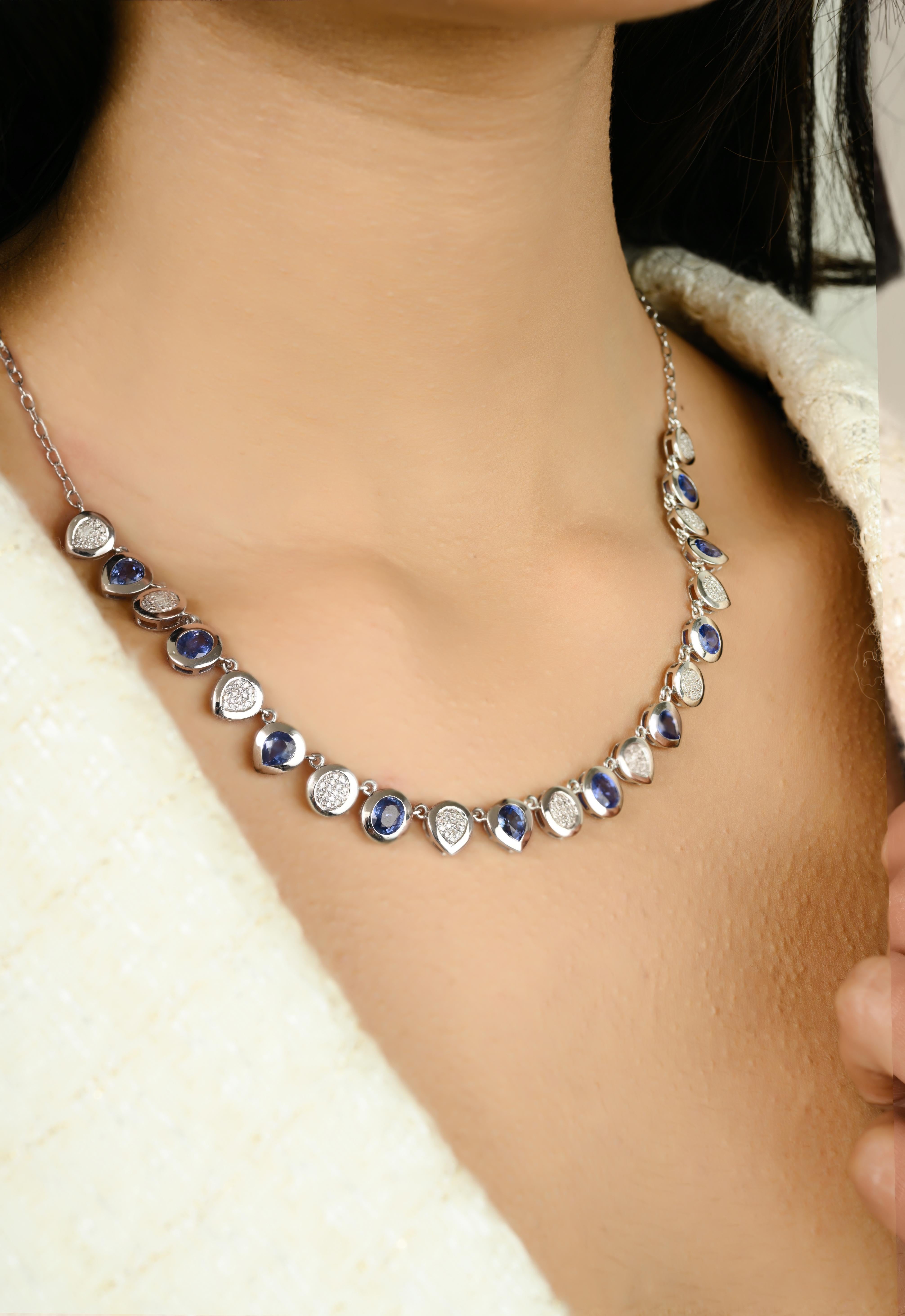 Women's 7.48 CT Natural Blue Sapphire Diamond Cluster Chain Necklace in 14k White Gold For Sale