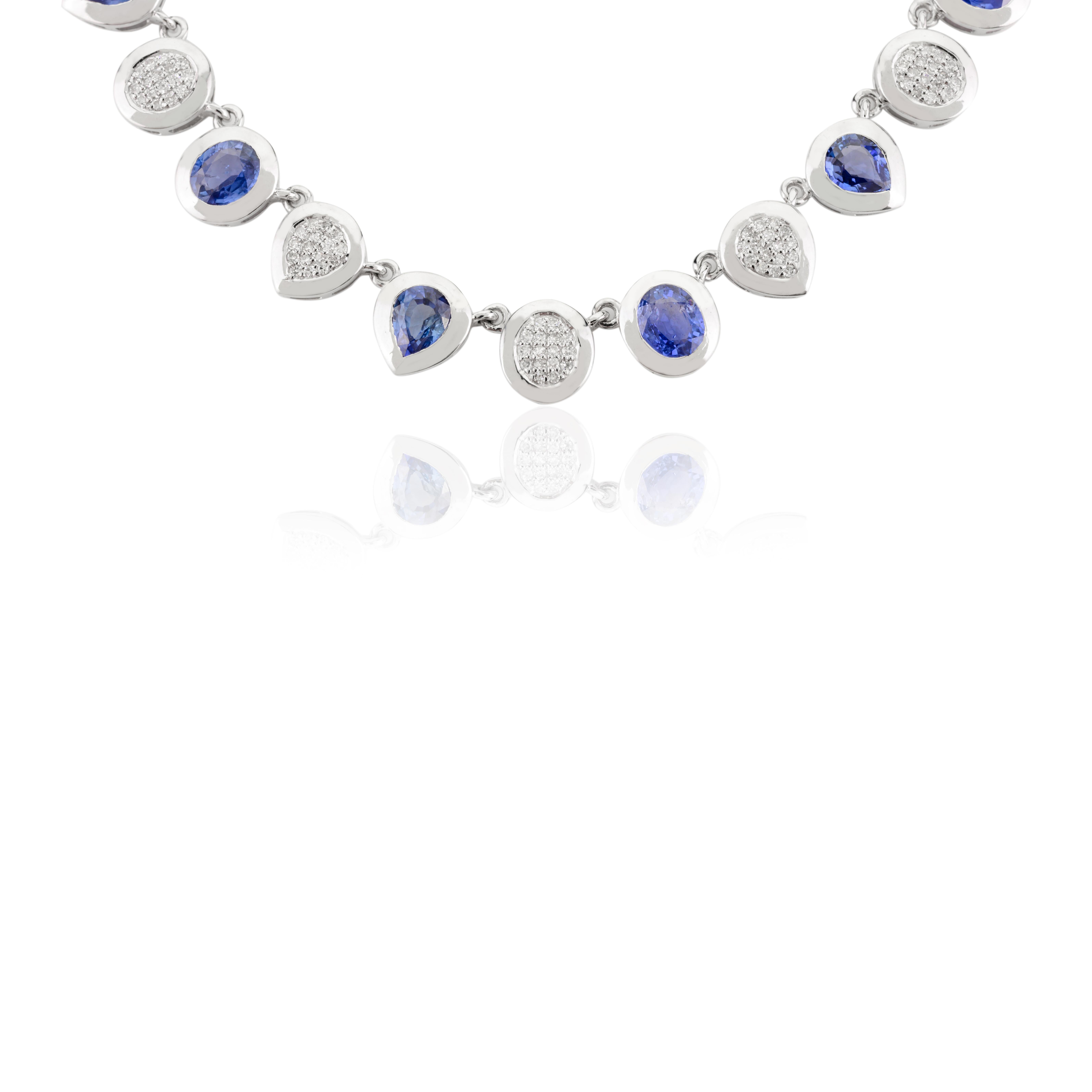 7.48 CT Natural Blue Sapphire Diamond Cluster Chain Necklace in 14k White Gold For Sale 1
