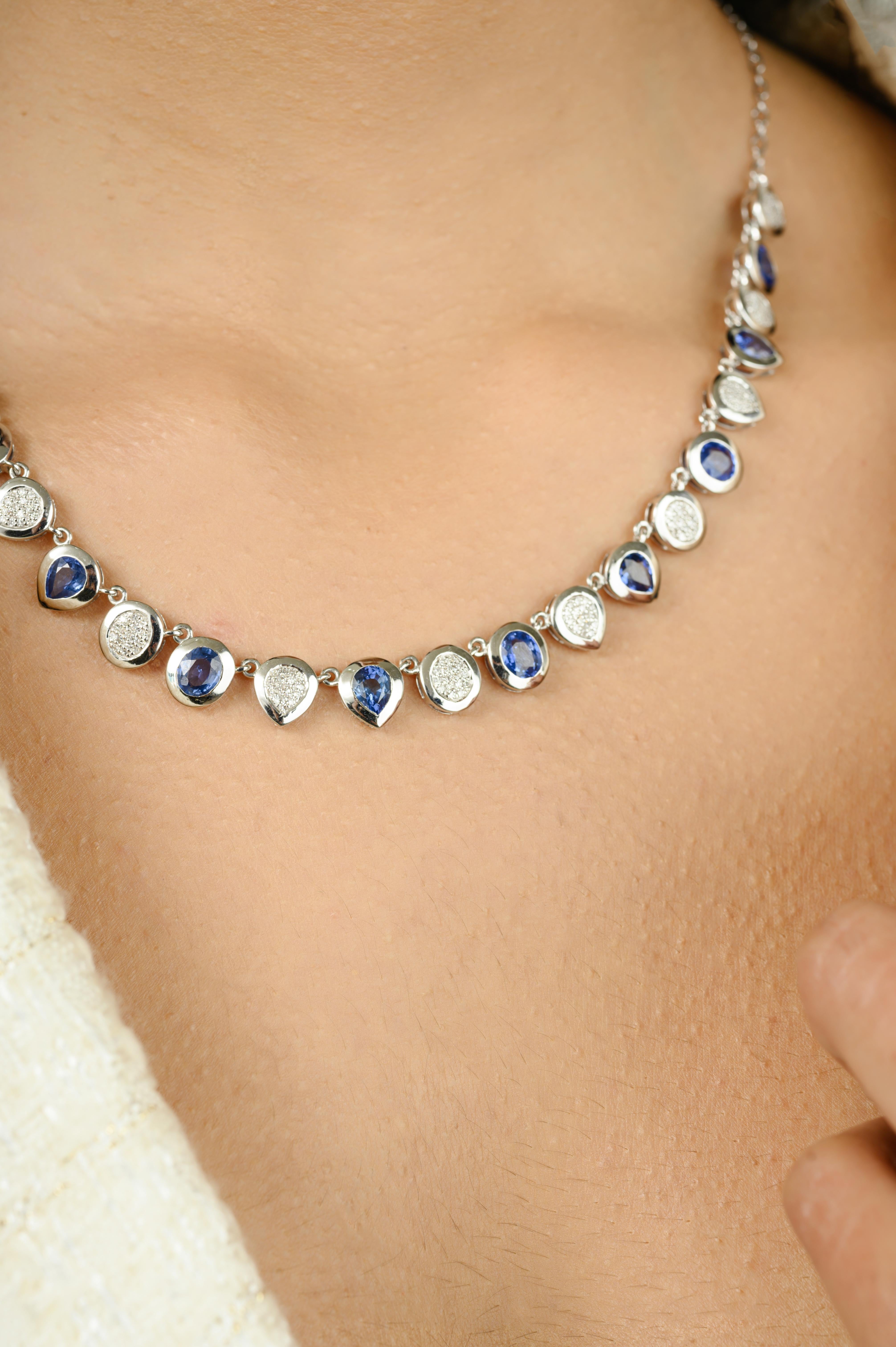 7.48 CT Natural Blue Sapphire Diamond Cluster Chain Necklace in 14k White Gold For Sale 2