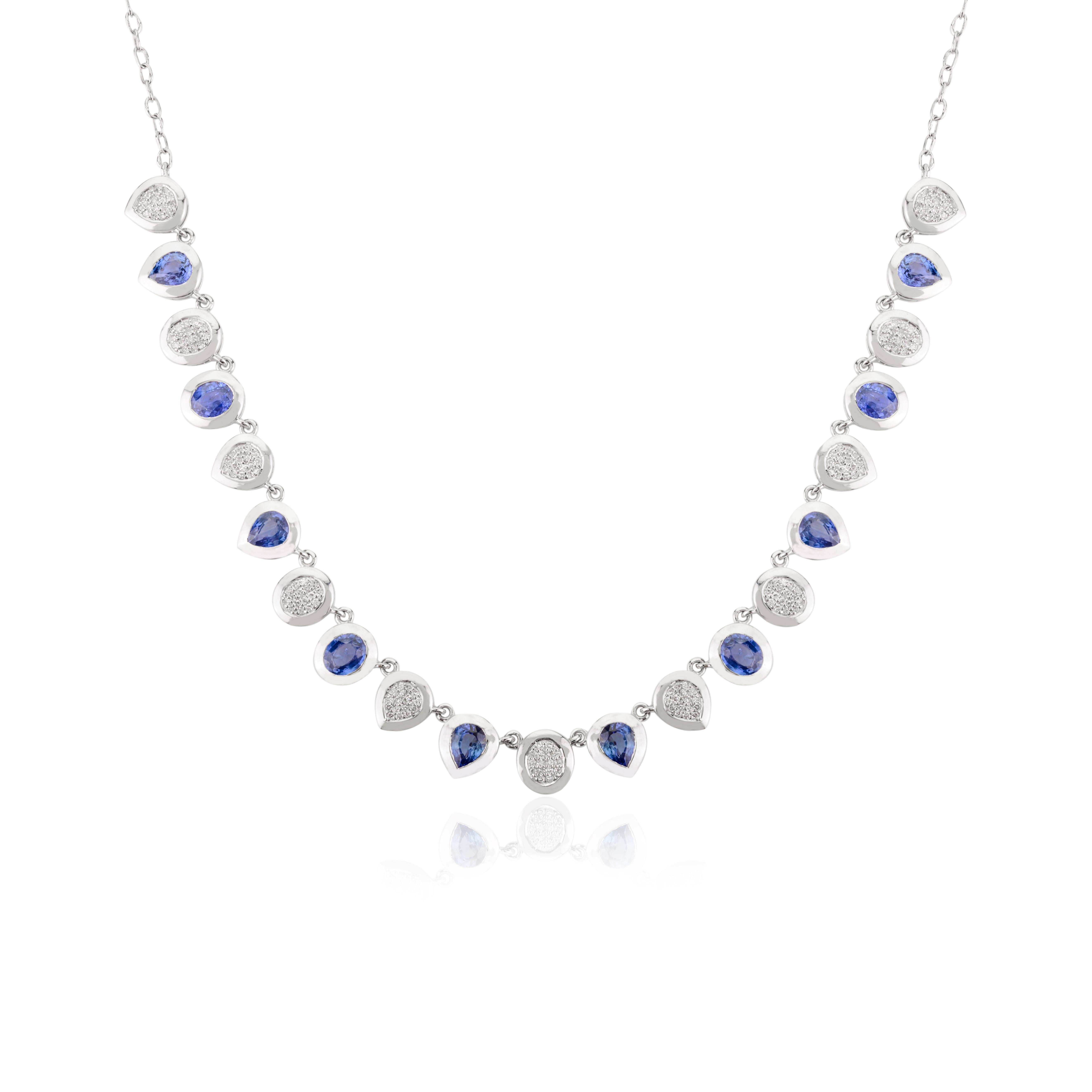 7.48 CT Natural Blue Sapphire Diamond Cluster Chain Necklace in 14k White Gold For Sale 3