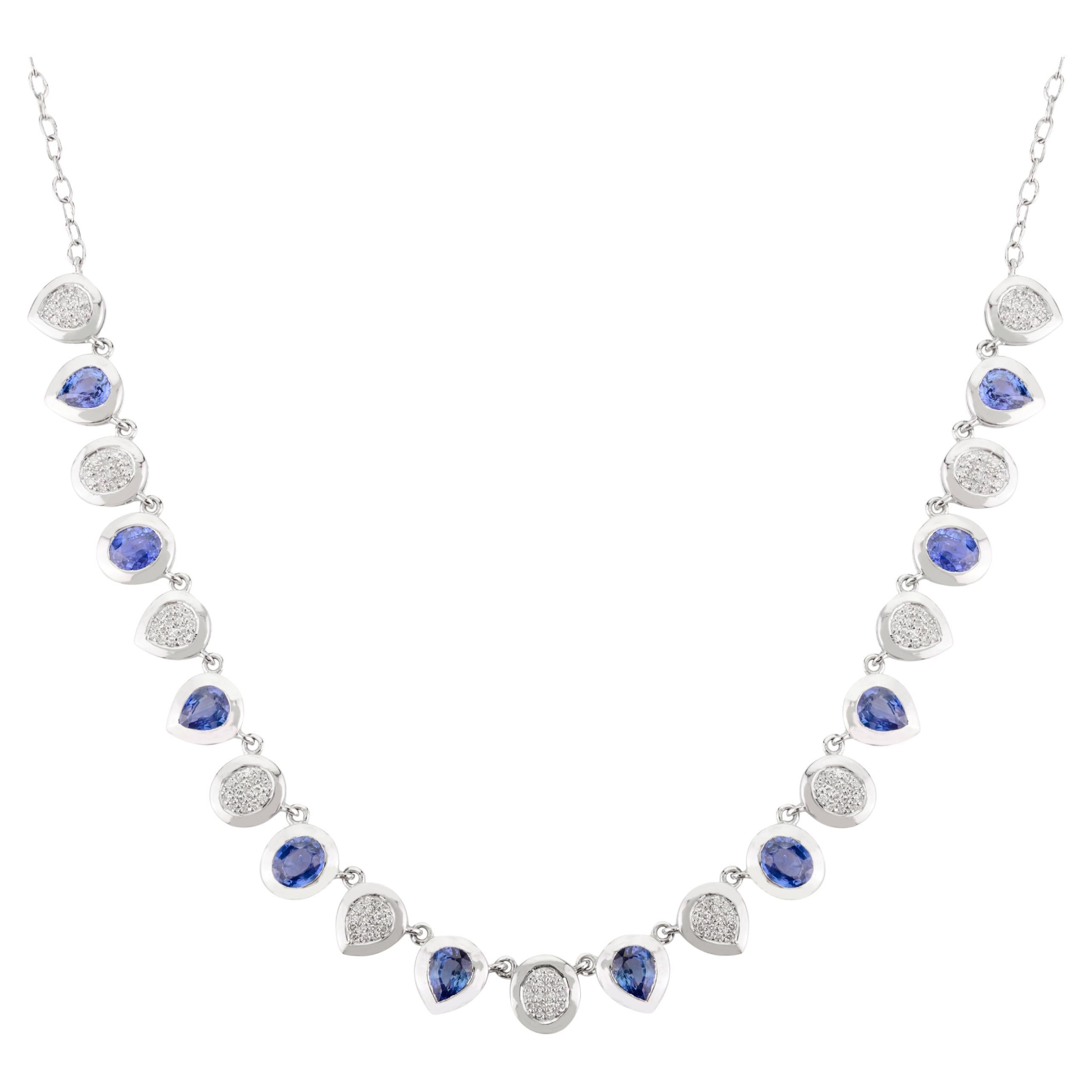 7.48 CT Natural Blue Sapphire Diamond Cluster Chain Necklace in 14k White Gold