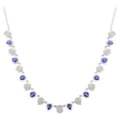 7.48 CT Natural Blue Sapphire Diamond Cluster Chain Necklace in 14k White Gold