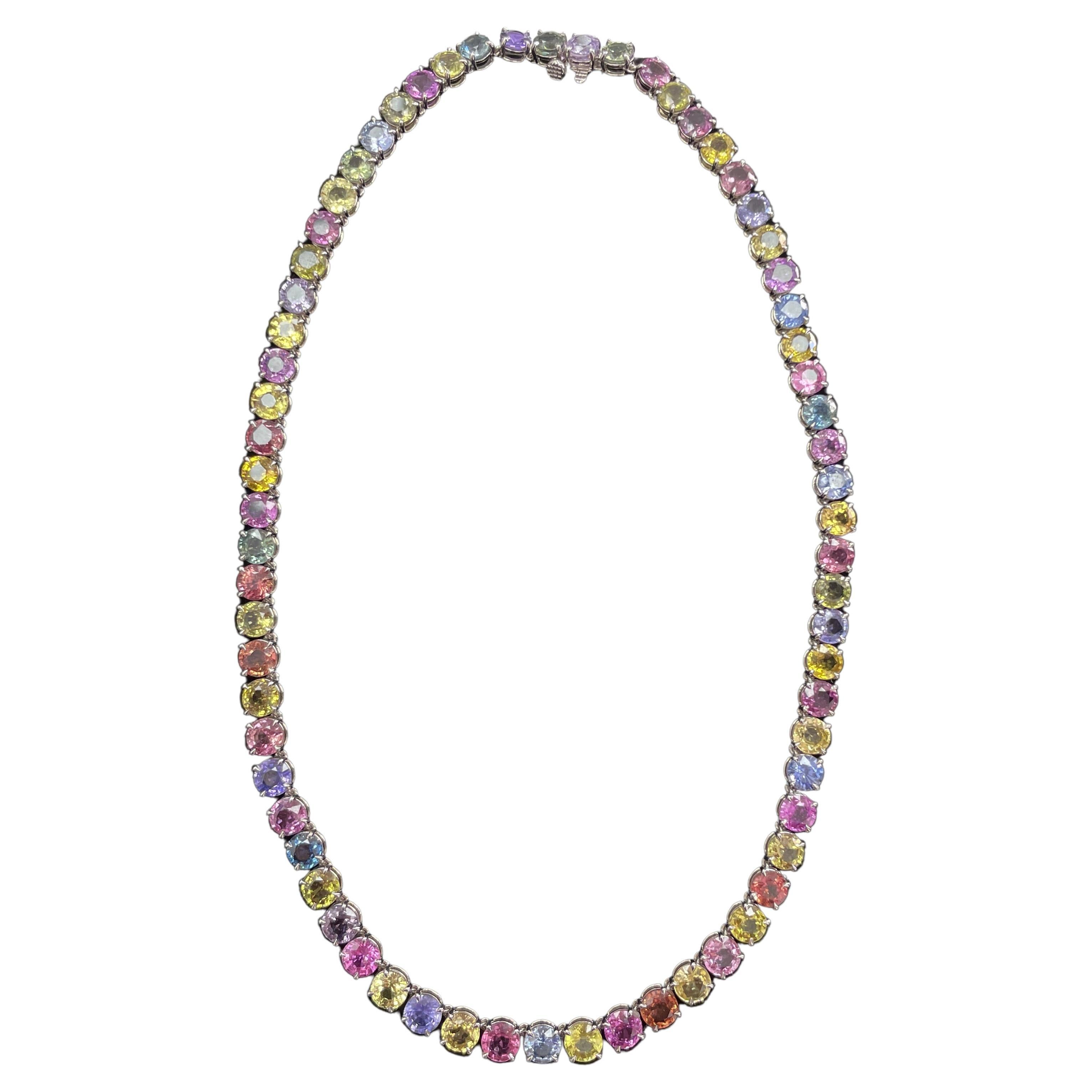 74.87 Carat Multi Color Unheated Sapphire and White Gold Necklace For Sale