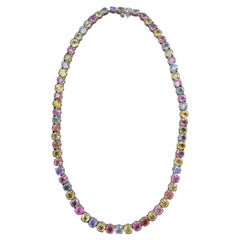 74.87 Carat Multi Color Unheated Sapphire and White Gold Necklace