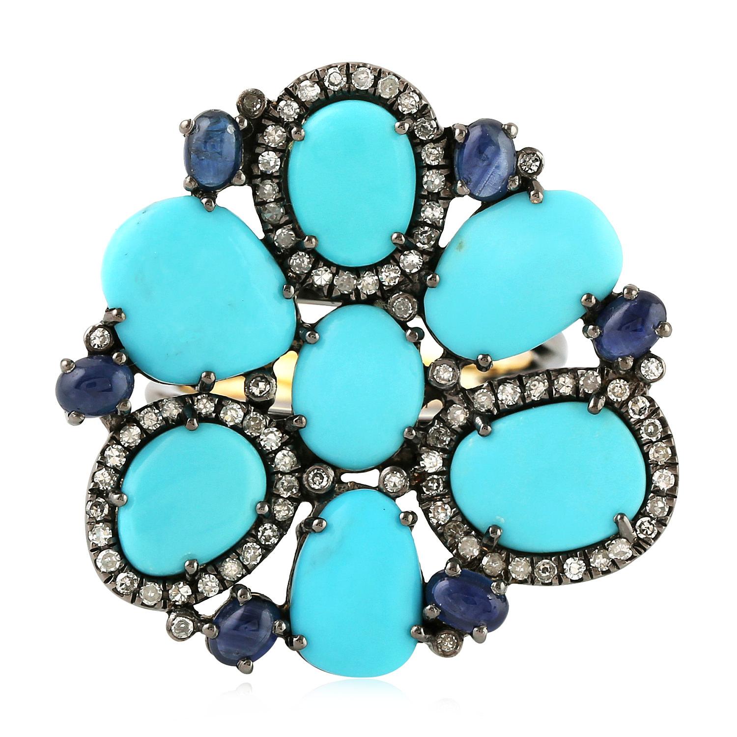 Contemporary 7.48ct Oval Shaped Turquoise Ring With Blue Sapphire & Diamonds In 18k Gold  For Sale