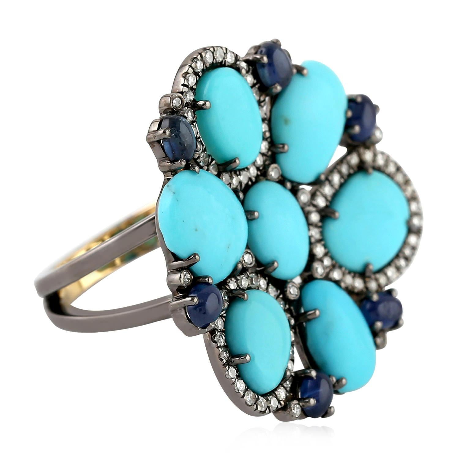 Women's 7.48ct Oval Shaped Turquoise Ring With Blue Sapphire & Diamonds In 18k Gold  For Sale