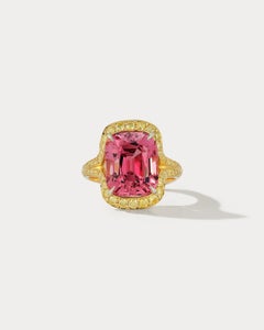7.49 Carat Peachy Pink Spinel Ring with .94 Carats of Intense Yellow Diamonds