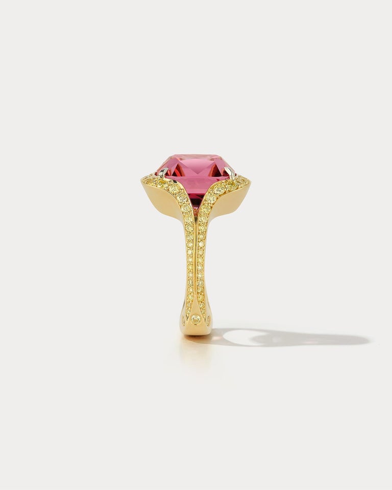Pink Spinal Rings 7.49 Carat Peachy Pink Spinel Ring with .94 Carats of Intense Yellow ...