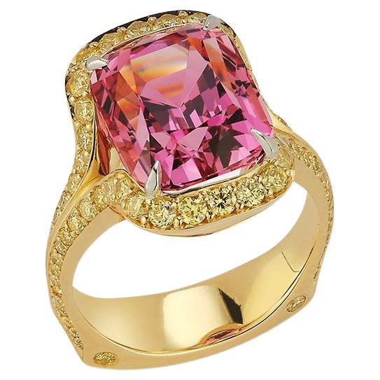 7.49 Carat Peachy Pink Spinel Ring with .94 Carats of Intense Yellow Diamonds For Sale