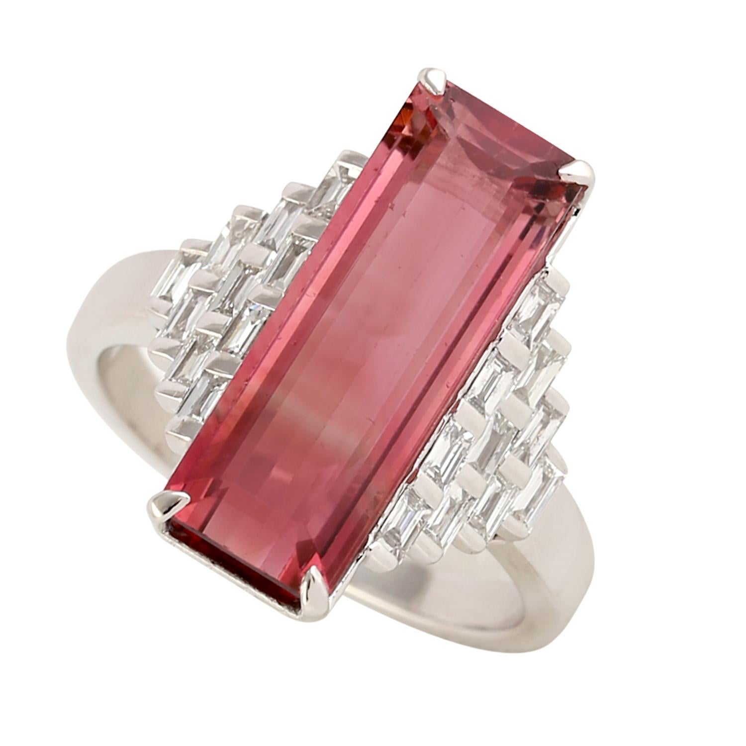 Taille émeraude Bague en or 14 carats avec tourmaline de 7,49 carats et diamant en vente