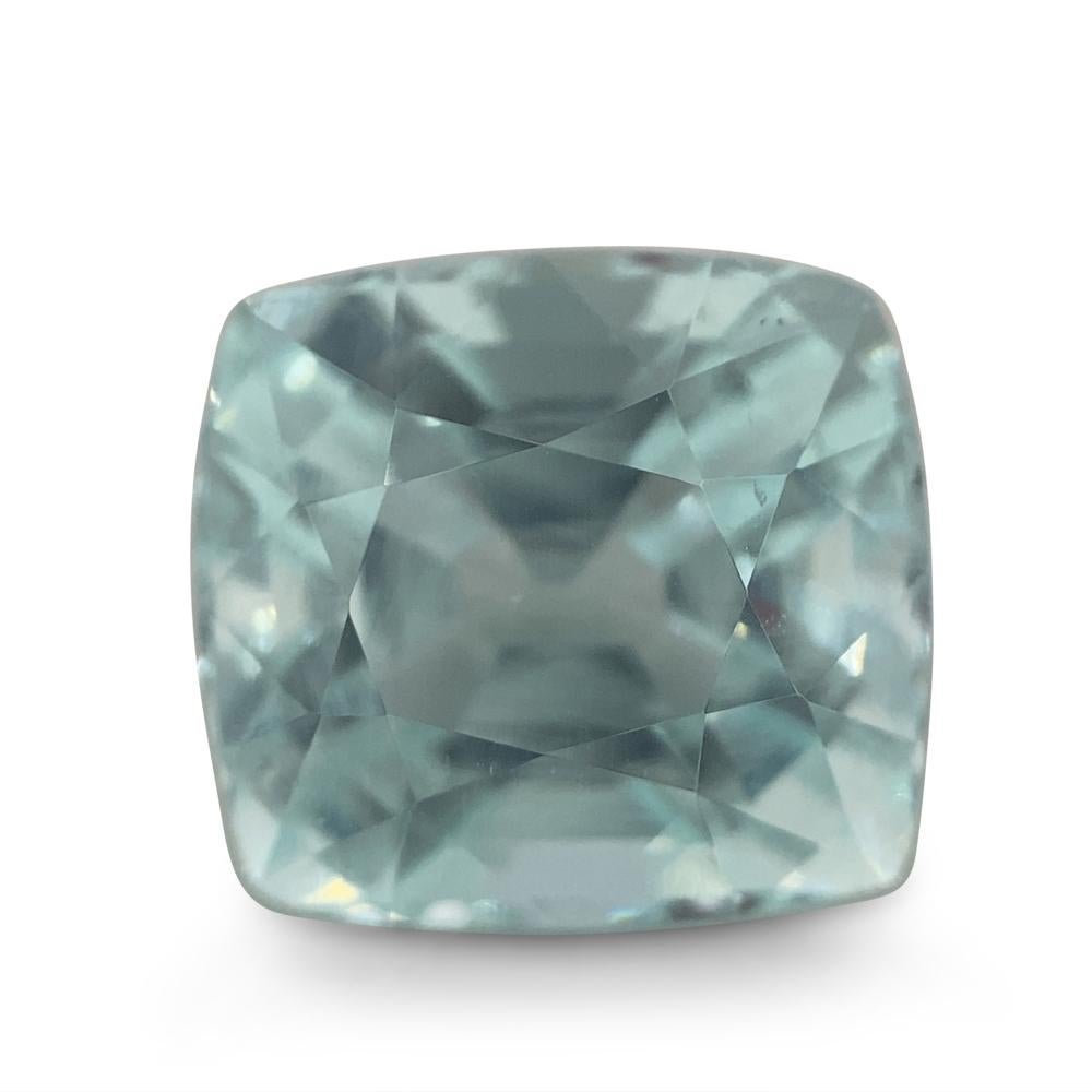 Description:

Gem Type: Aquamarine 
Number of Stones: 1
Weight: 7.49 cts
Measurements: 11.68 x 10.75 x 9.37 mm
Shape: Cushion
Cutting Style Crown: Brilliant Cut
Cutting Style Pavilion: Step Cut 
Transparency: None
Clarity: Very Slightly Included: