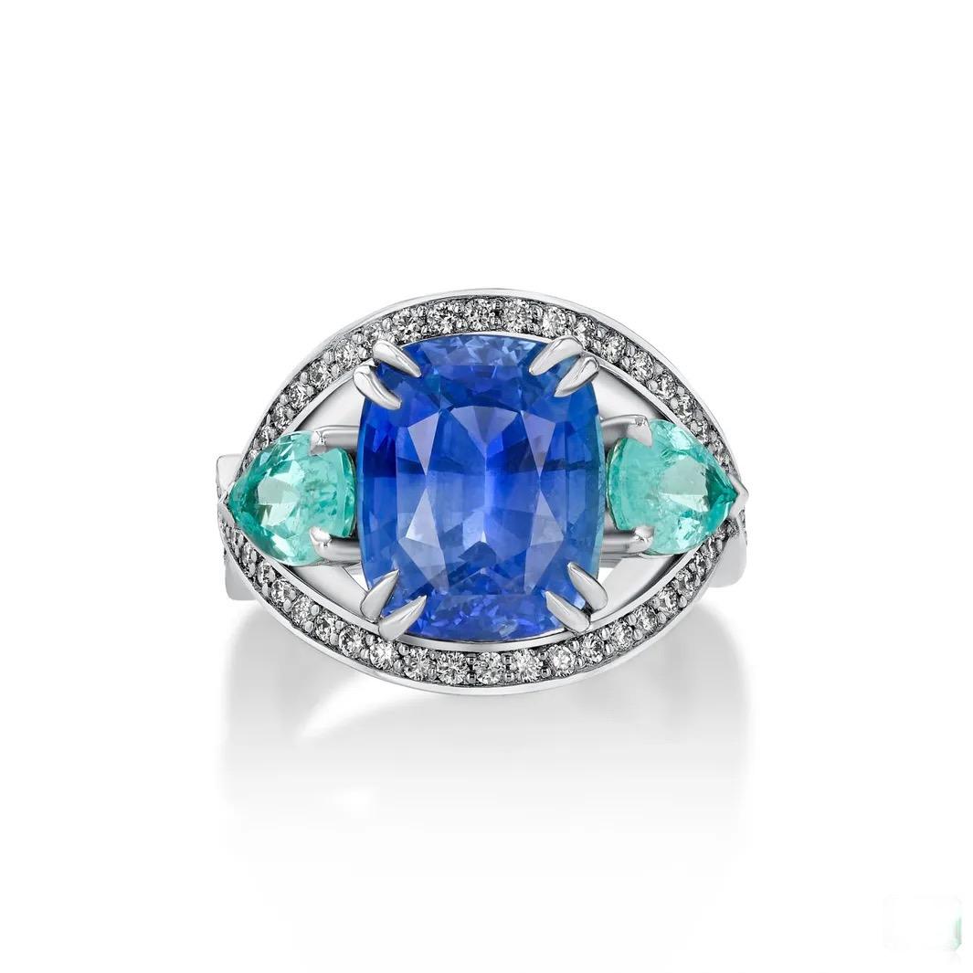 Cushion Cut 7.49ct untreated Blue Sapphire, 1.40ct Mozambique Paraiba Tourmaline ring.  For Sale