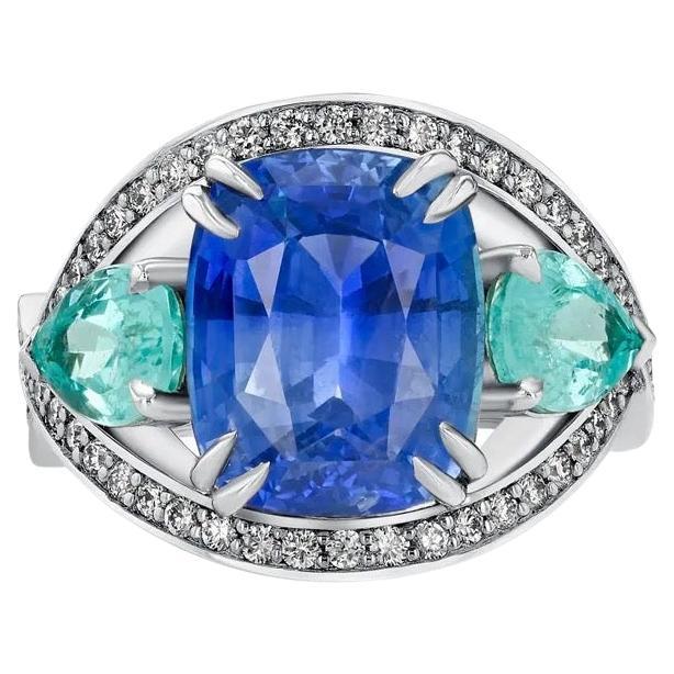 7.49ct untreated Blue Sapphire, 1.40ct Mozambique Paraiba Tourmaline ring.  For Sale