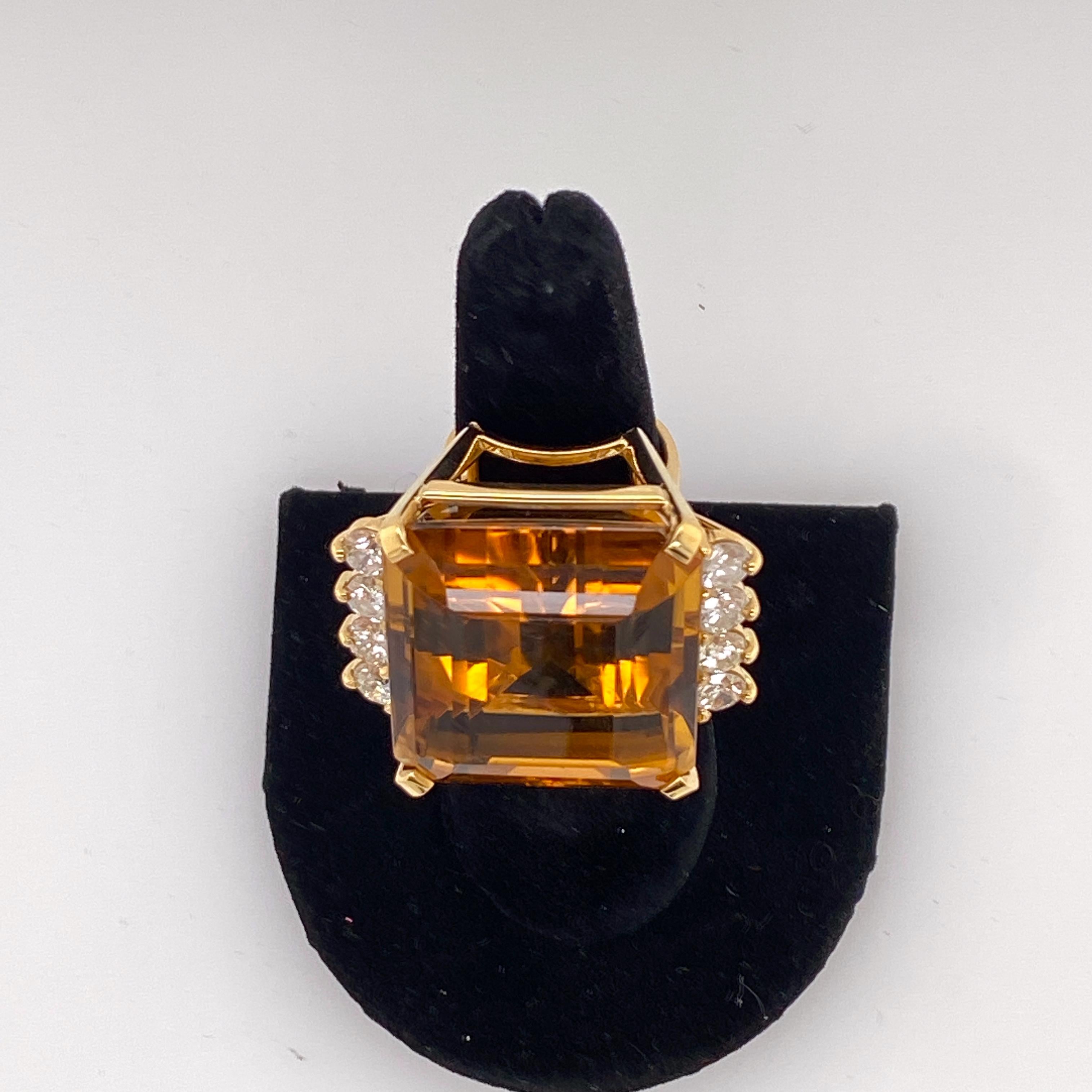 Retro 74 Carat Citrine Ring Set in 18 Karat Gold with Accent Diamonds For Sale