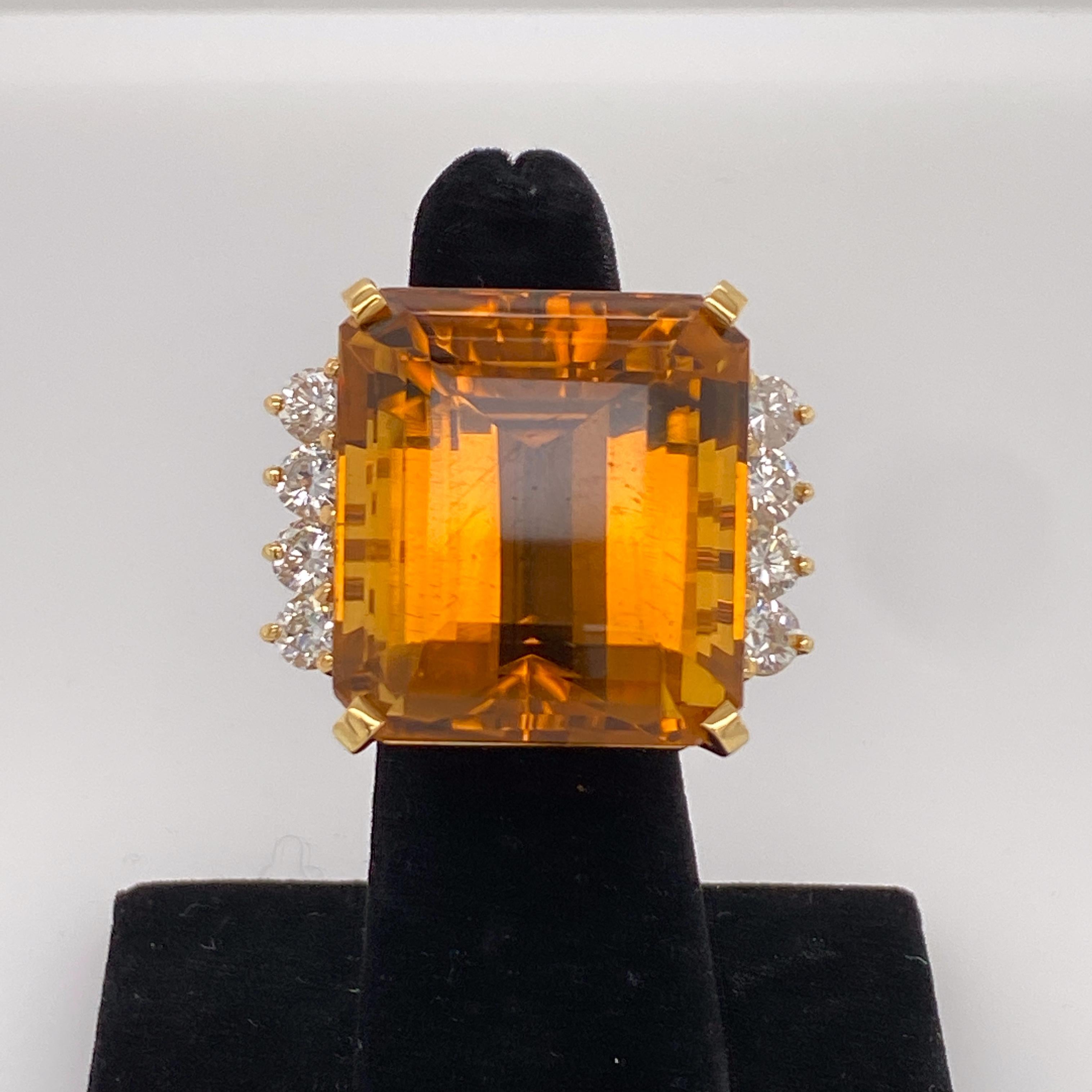 Square Cut 74 Carat Citrine Ring Set in 18 Karat Gold with Accent Diamonds For Sale