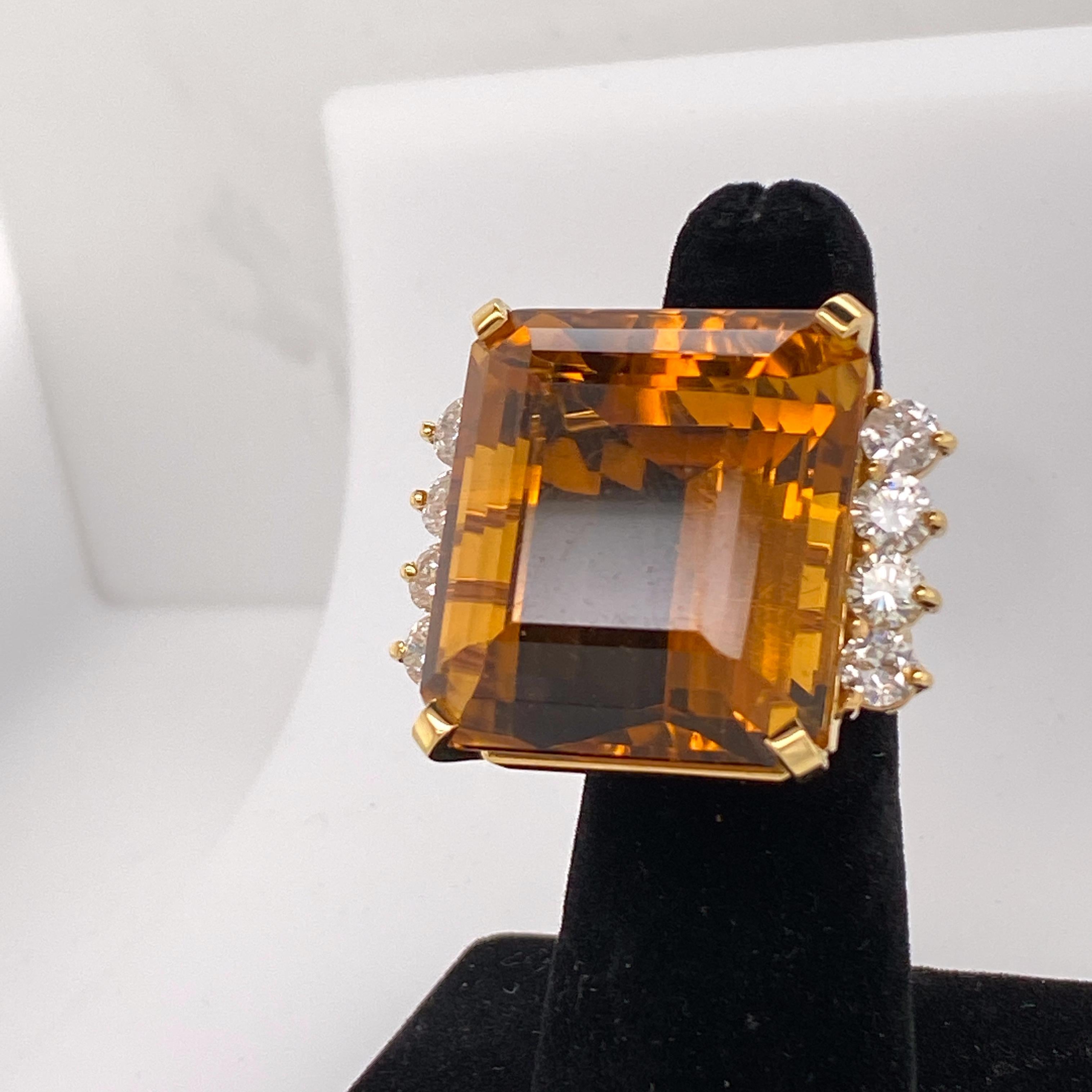 Women's or Men's 74 Carat Citrine Ring Set in 18 Karat Gold with Accent Diamonds For Sale