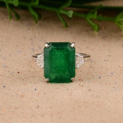 7.4Ct Octagon Zambian Emerald Gemstone Diamond Three Stone Ring 18k White Gold