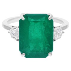 7.4Ct Octagon Zambian Emerald Gemstone Diamond Three Stone Ring 18k White Gold