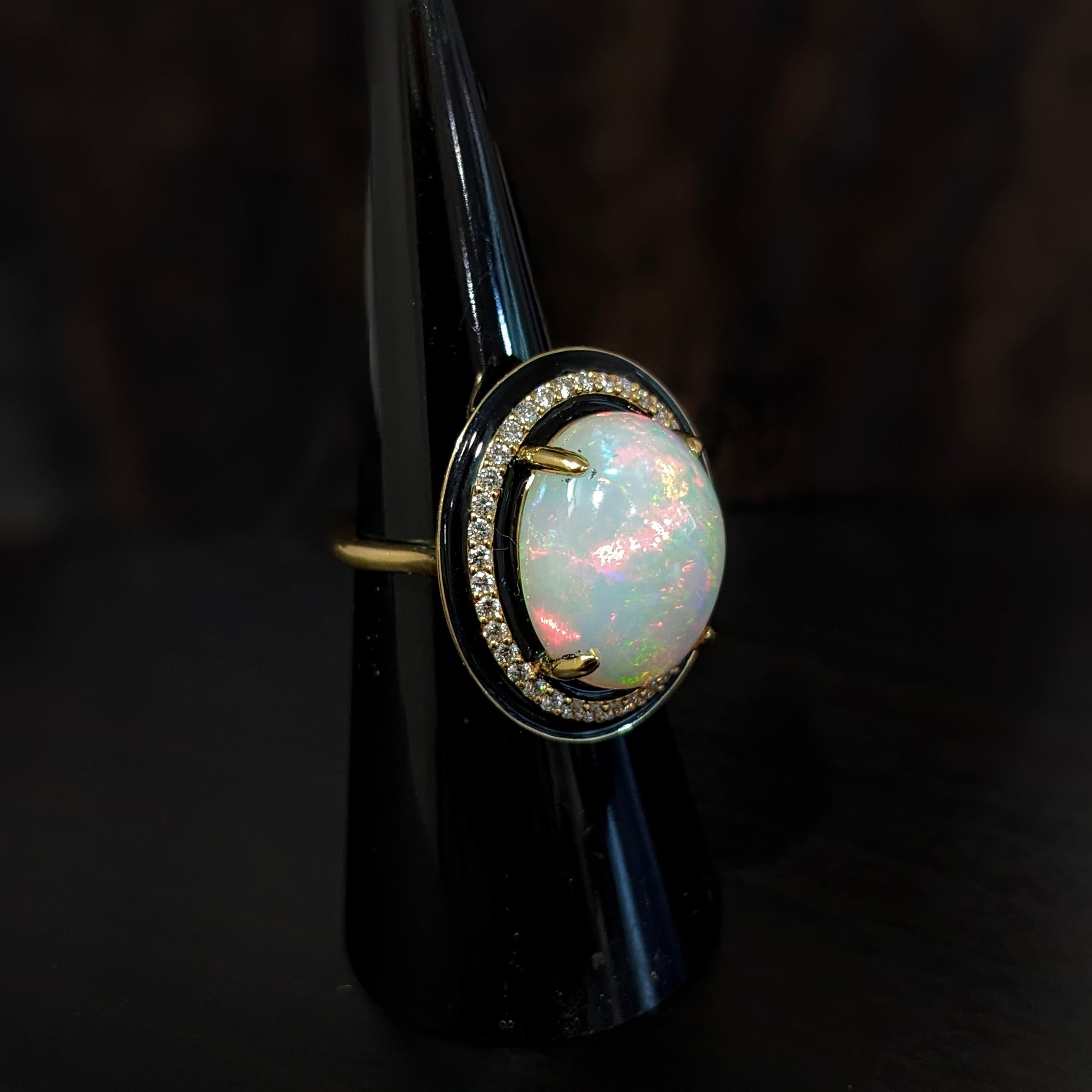 Art Deco 7.4ct Opal Ring w Earth Mined Diamonds & Black Enamel in Solid 14K Gold Oval For Sale