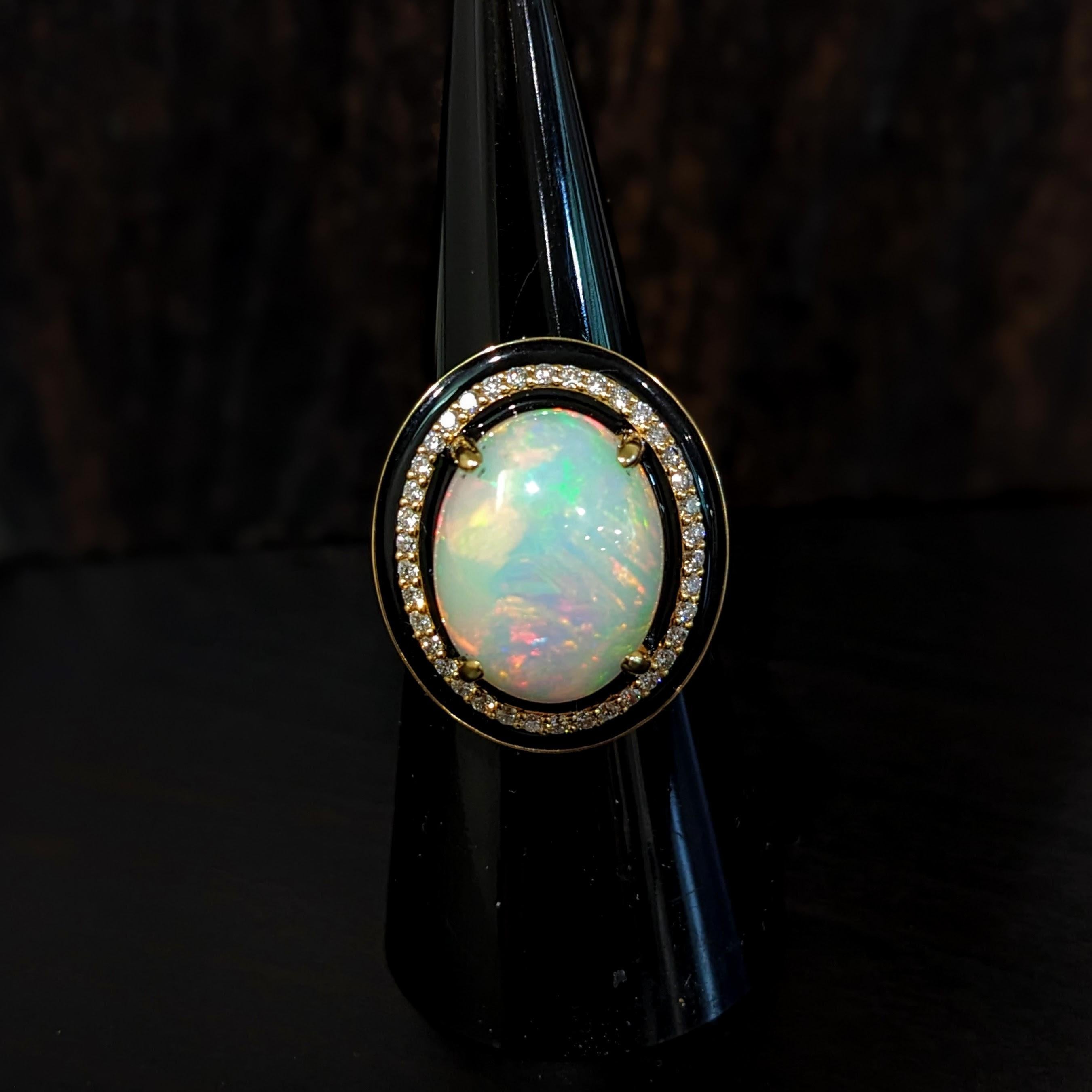 Oval Cut 7.4ct Opal Ring w Earth Mined Diamonds & Black Enamel in Solid 14K Gold Oval For Sale