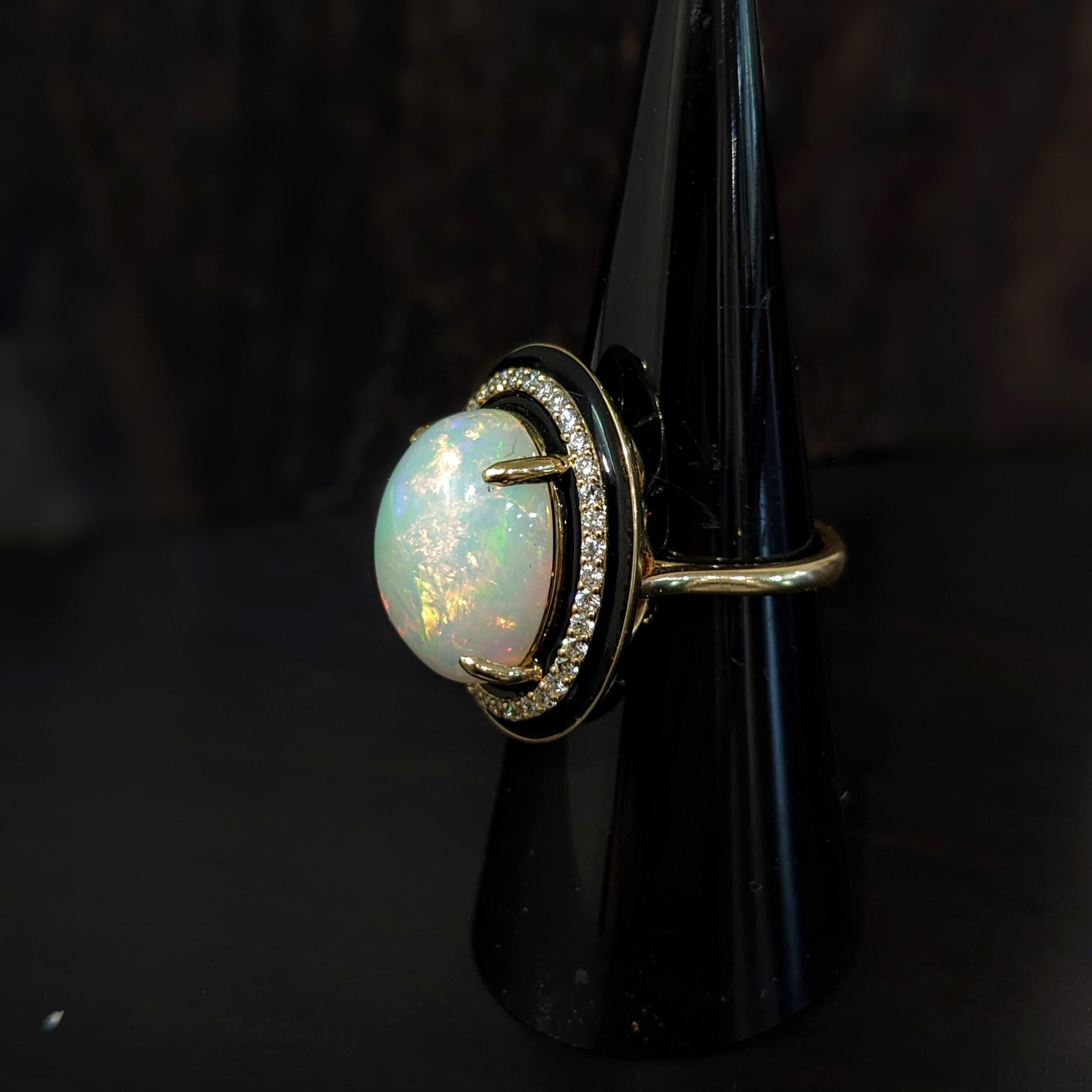 7.4ct Opal Ring w Earth Mined Diamonds & Black Enamel in Solid 14K Gold Oval In New Condition For Sale In Columbus, OH